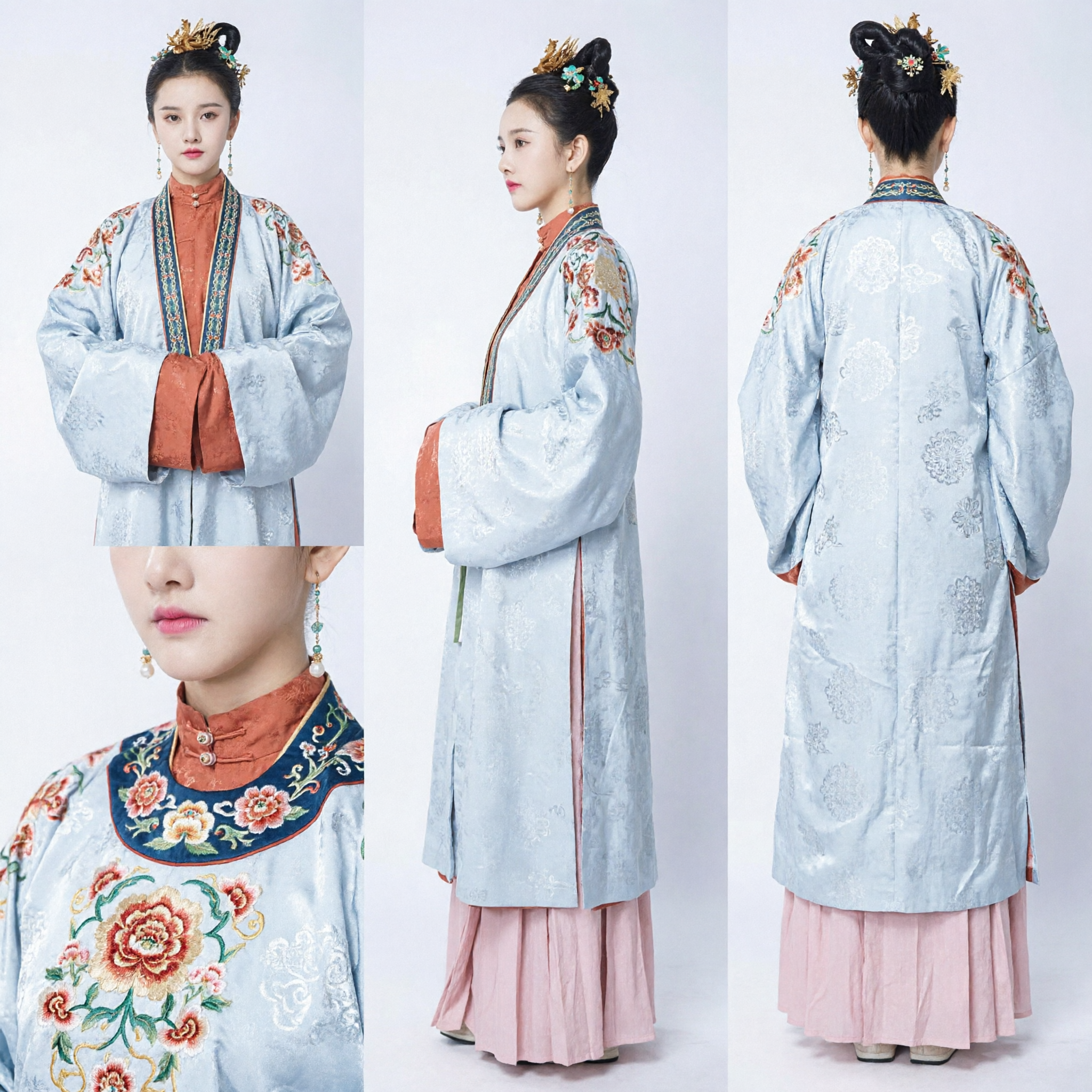 Traditional Chinese Hanfu Ming Dynasty Costume Blue Floral Embroidery Long Robe and Pink Skirt Set