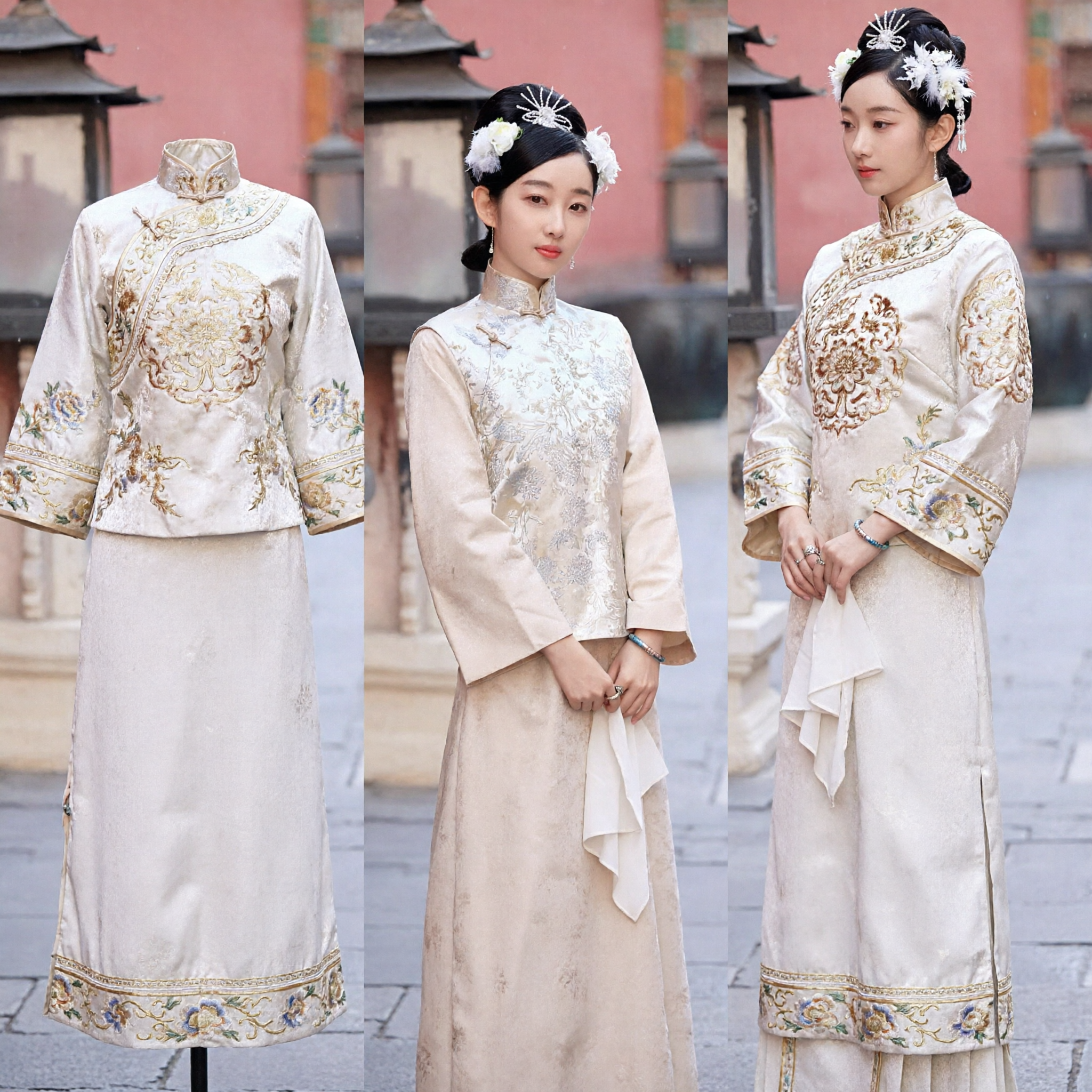 Traditional Chinese Minguo Era Costume Women Beige Embroidered Cheongsam Top and Skirt Set for Photography and Performance