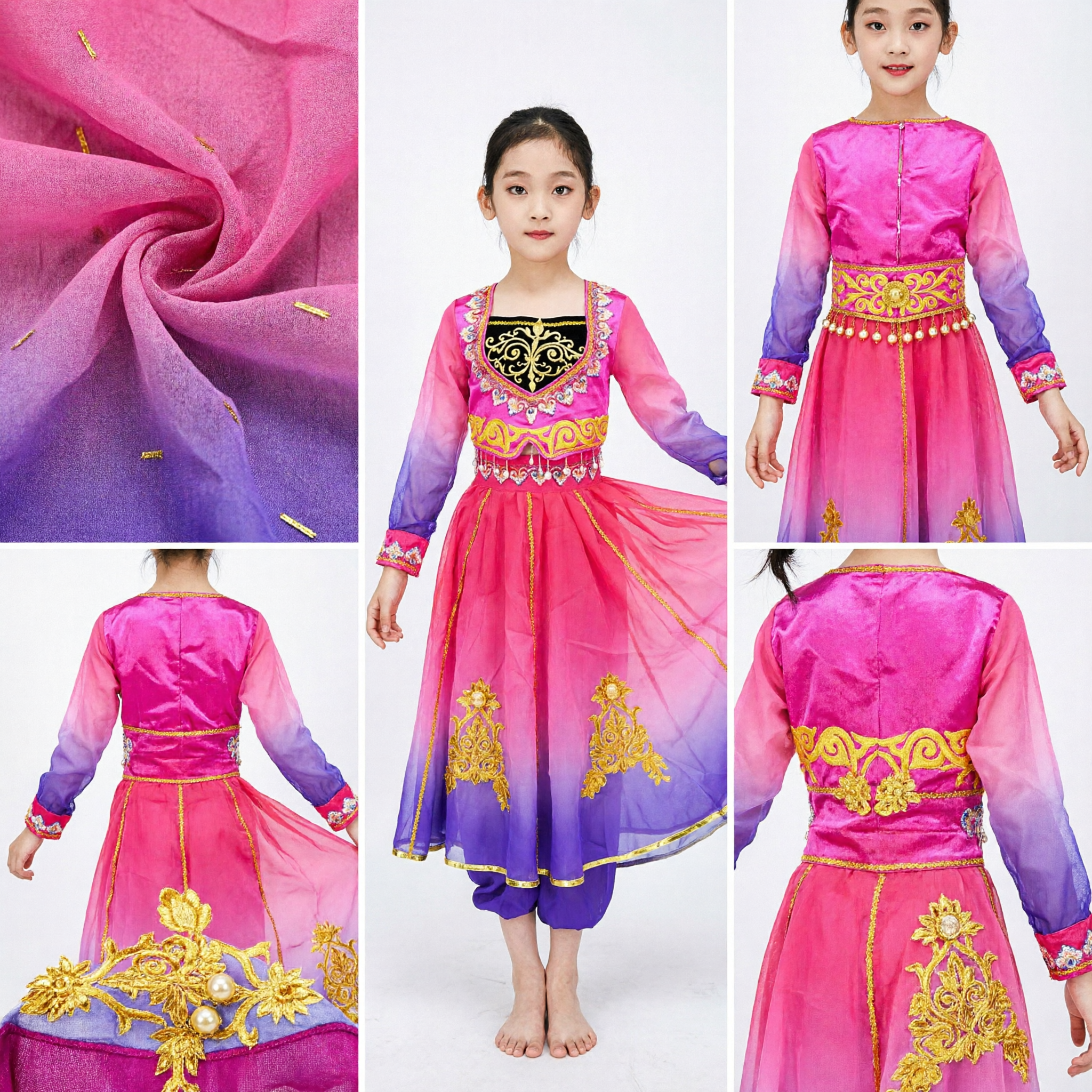 Kids Traditional Uyghur Dance Costume Girls Xinjiang Ethnic Folk Performance Dress Pink Purple Gradient Skirt