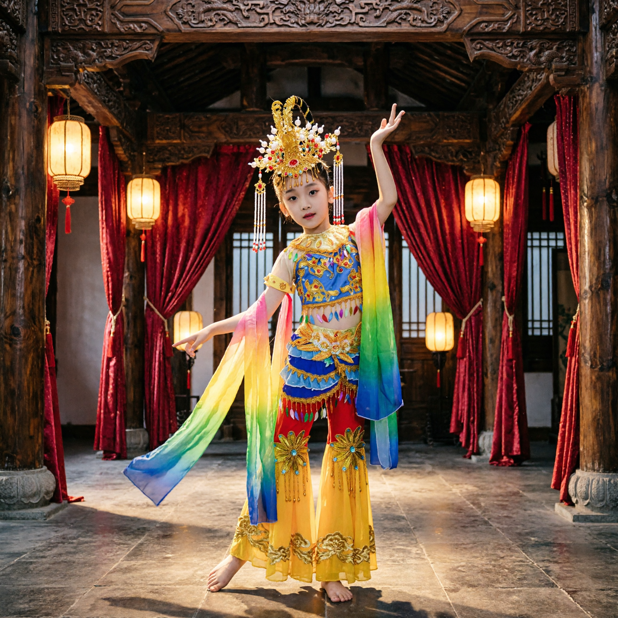 Kids Chinese Classical Dance Costume Girls Dunhuang Flying Apsara Stage Performance Traditional Yellow Outfit