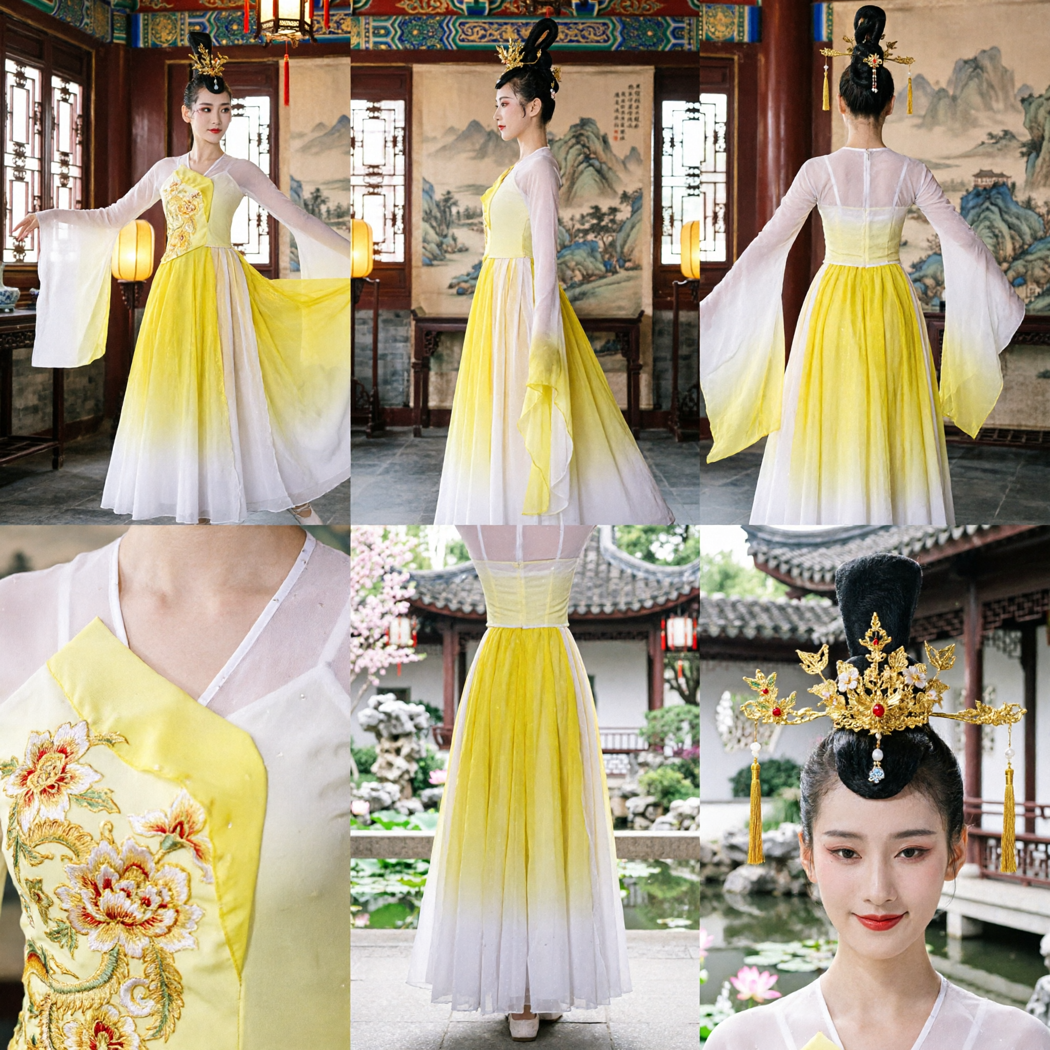 Women's Yellow Chinese Classical Dance Costume Dunhuang Style Flowing Skirt Performance Dress with Ribbon
