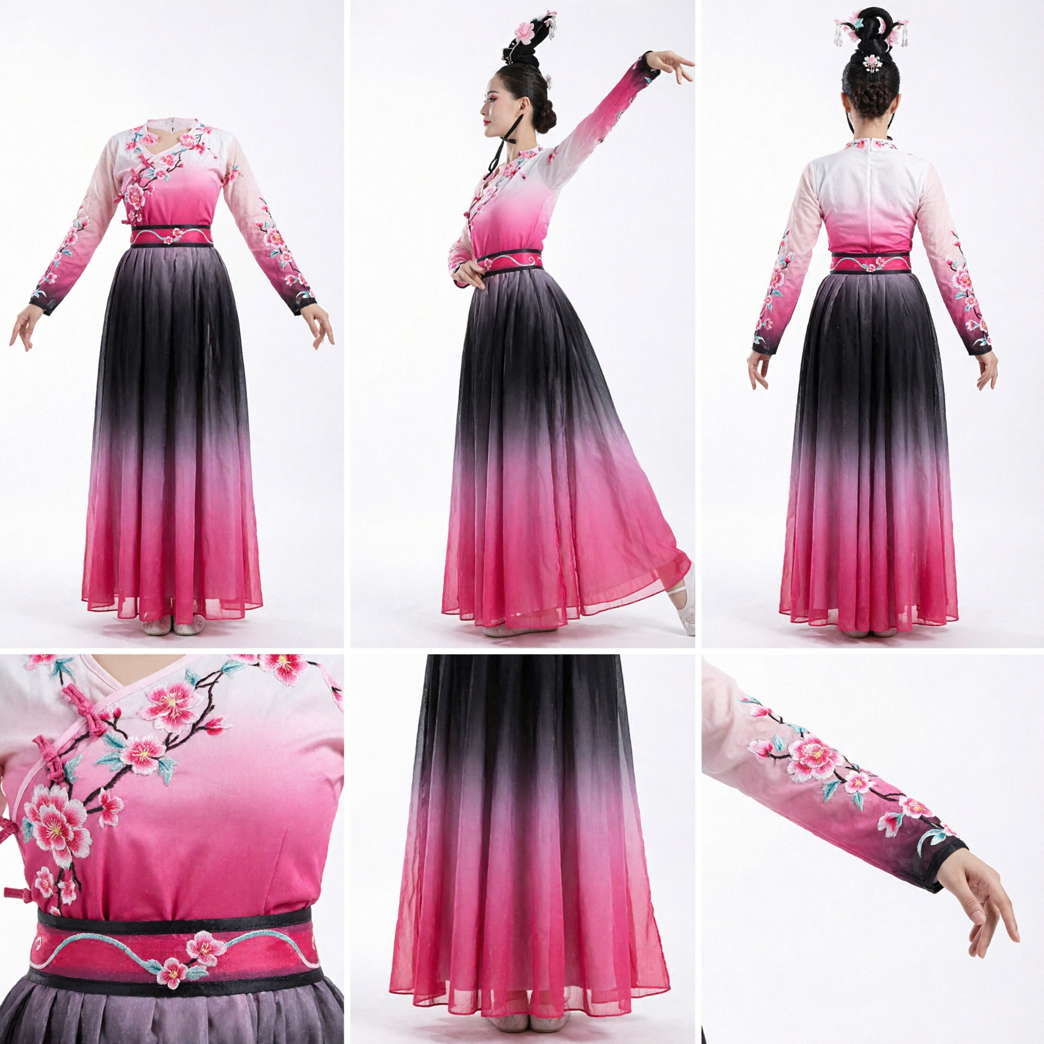 Traditional Chinese Classical Dance Costume Women Pink Gradient Embroidered Dress Stage Performance Folk Wear