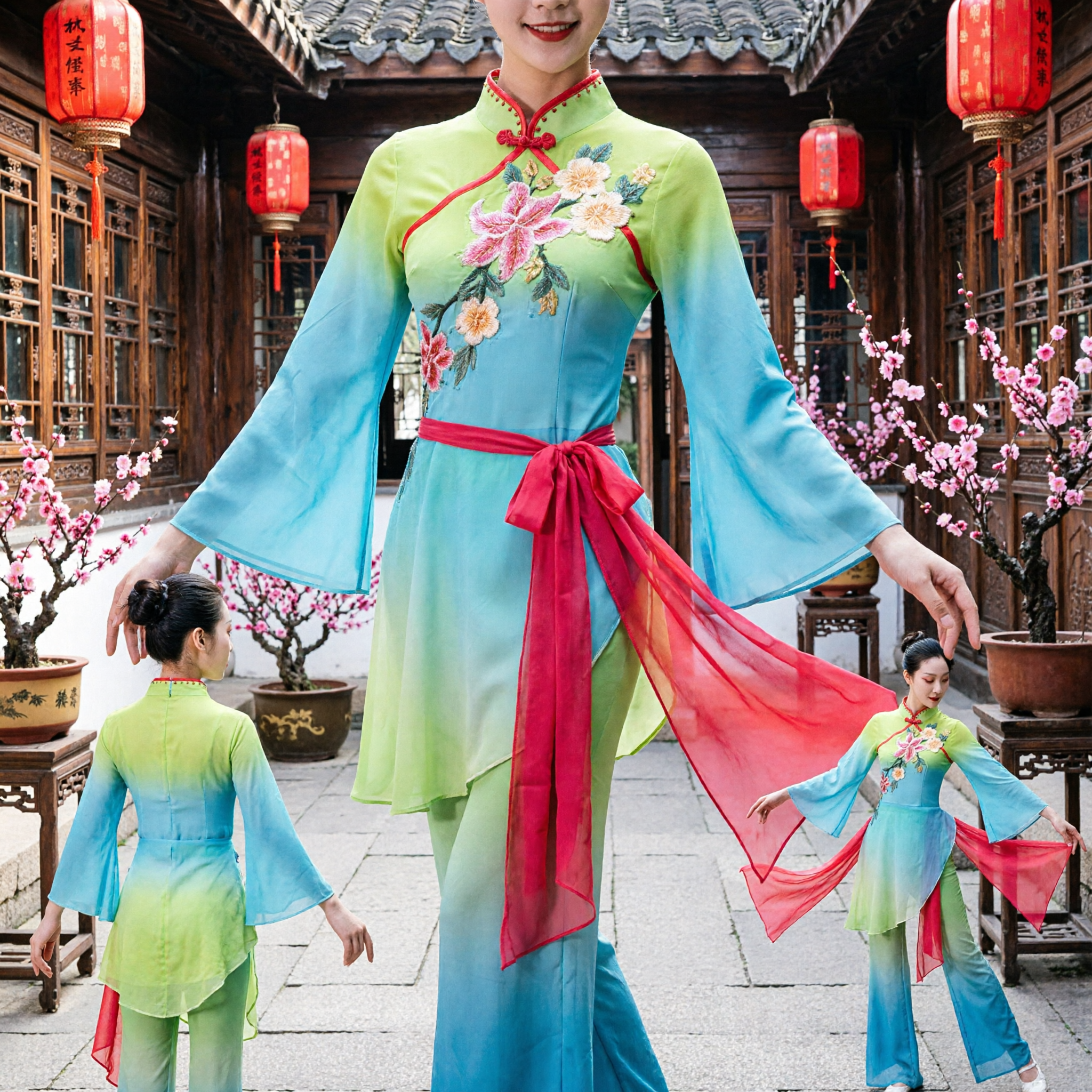 Women's Chinese Folk Dance Costume Gradient Green Blue Cheongsam Style Dress with Floral Embroidery for Stage Performance