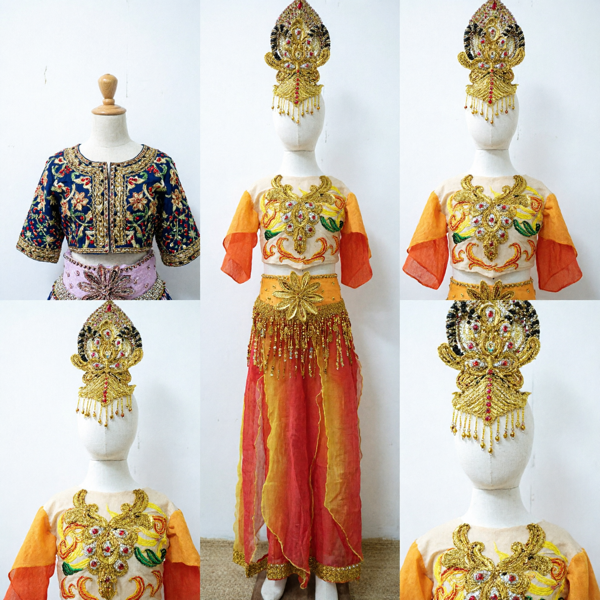 Kids Thai Traditional Dance Costume Complete Set with Golden Headpiece for Stage Performance and Festivals