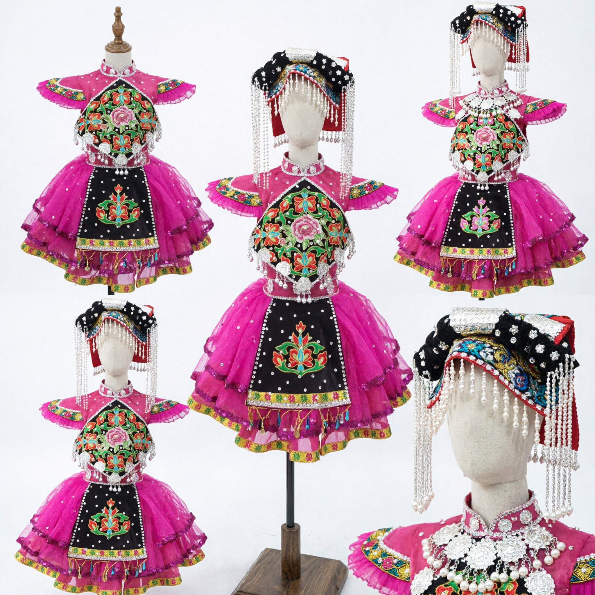 Traditional Chinese Miao Ethnic Minority Costume for Girls Pink Floral Embroidery Folk Dance Dress with Silver Headdress