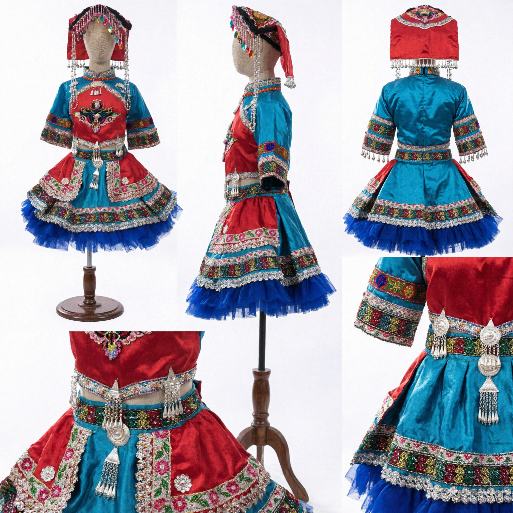 Traditional Chinese Miao Ethnic Minority Embroidery Costume for Girls Kids Folk Dance Dress with Silver Headwear
