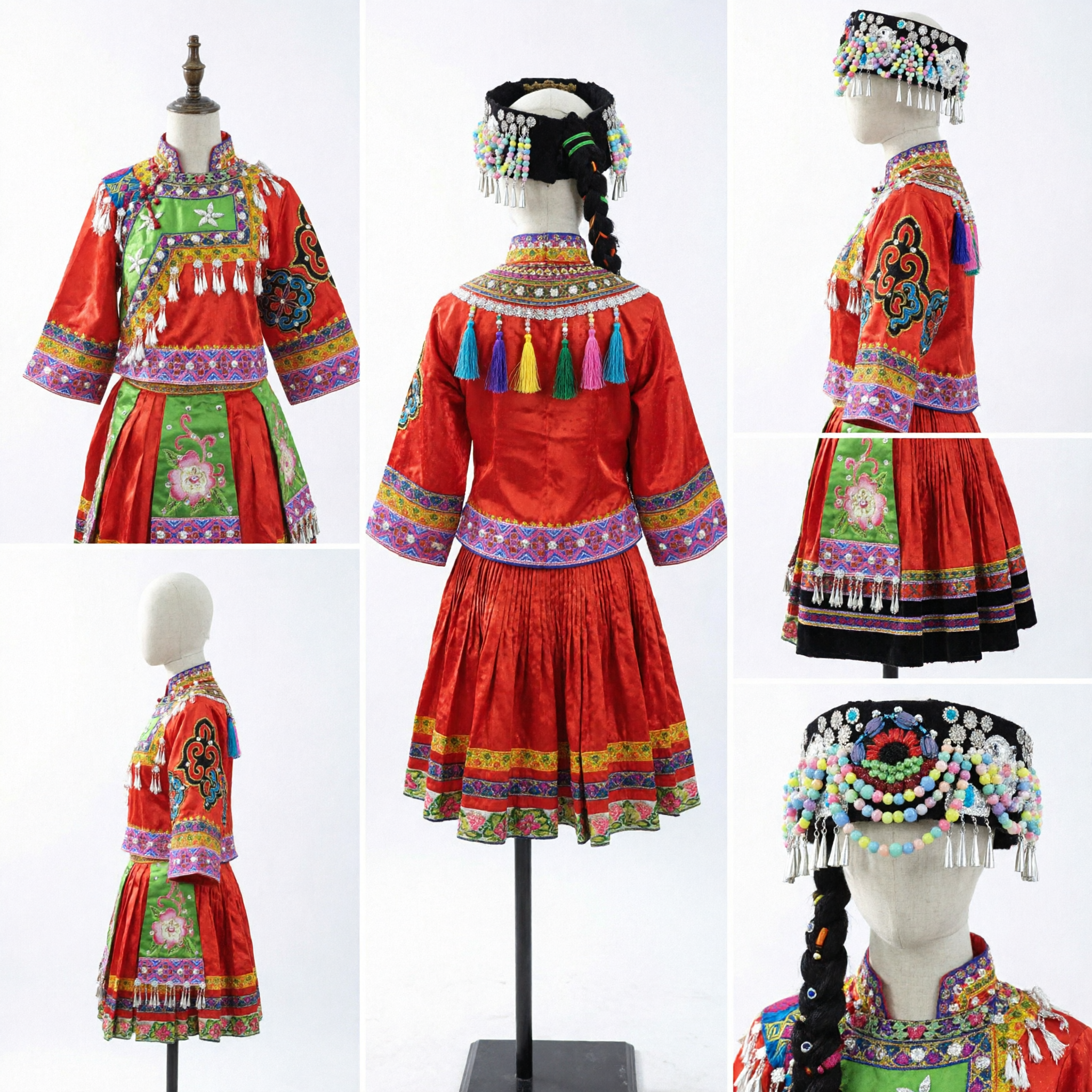 Traditional Chinese Miao Minority Red Embroidery Costume with Headdress for Women Folk Dance Festival Performance