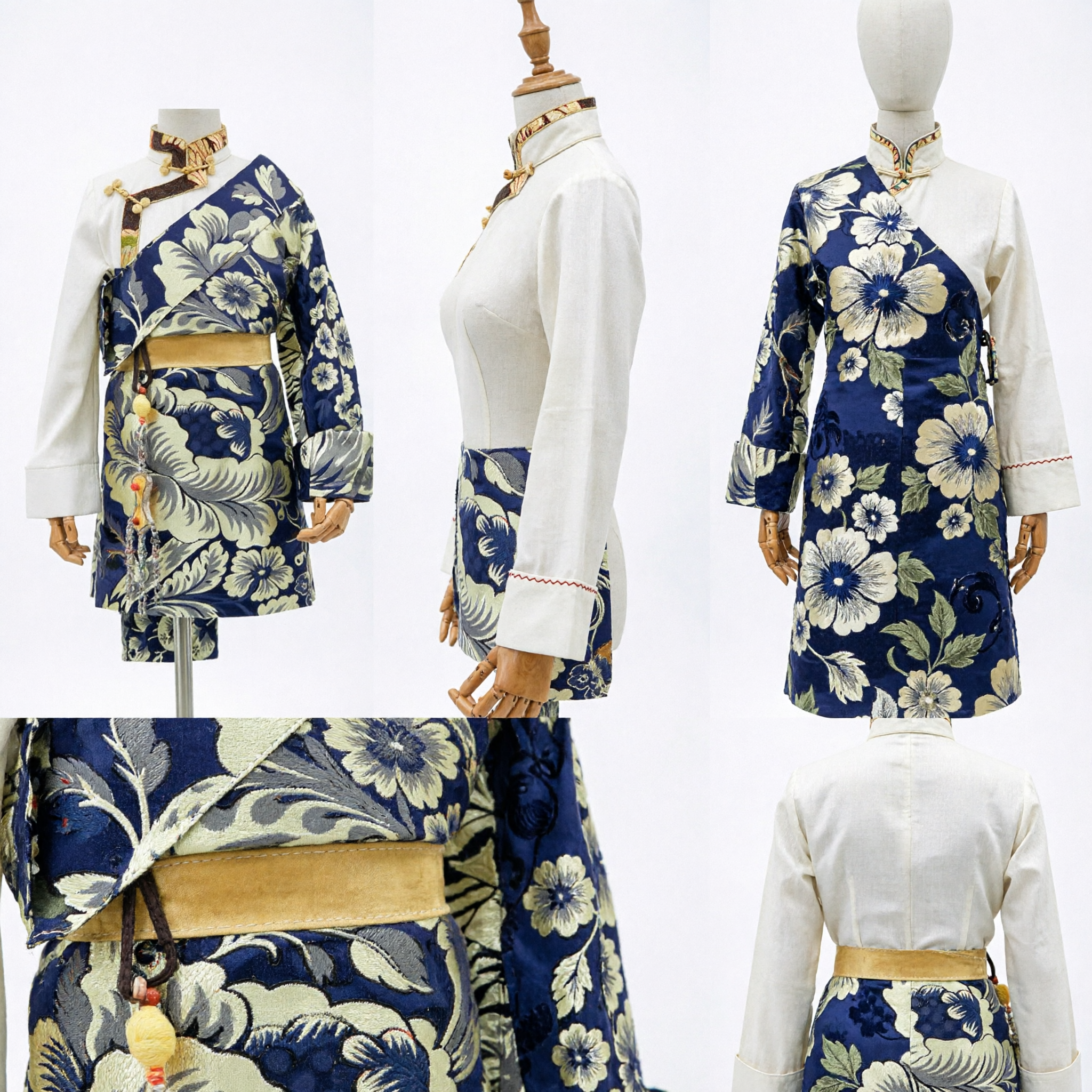 Men's Traditional Chinese Ethnic Costume Blue Floral Robe with Brown Hat and Jewelry for Stage Performance