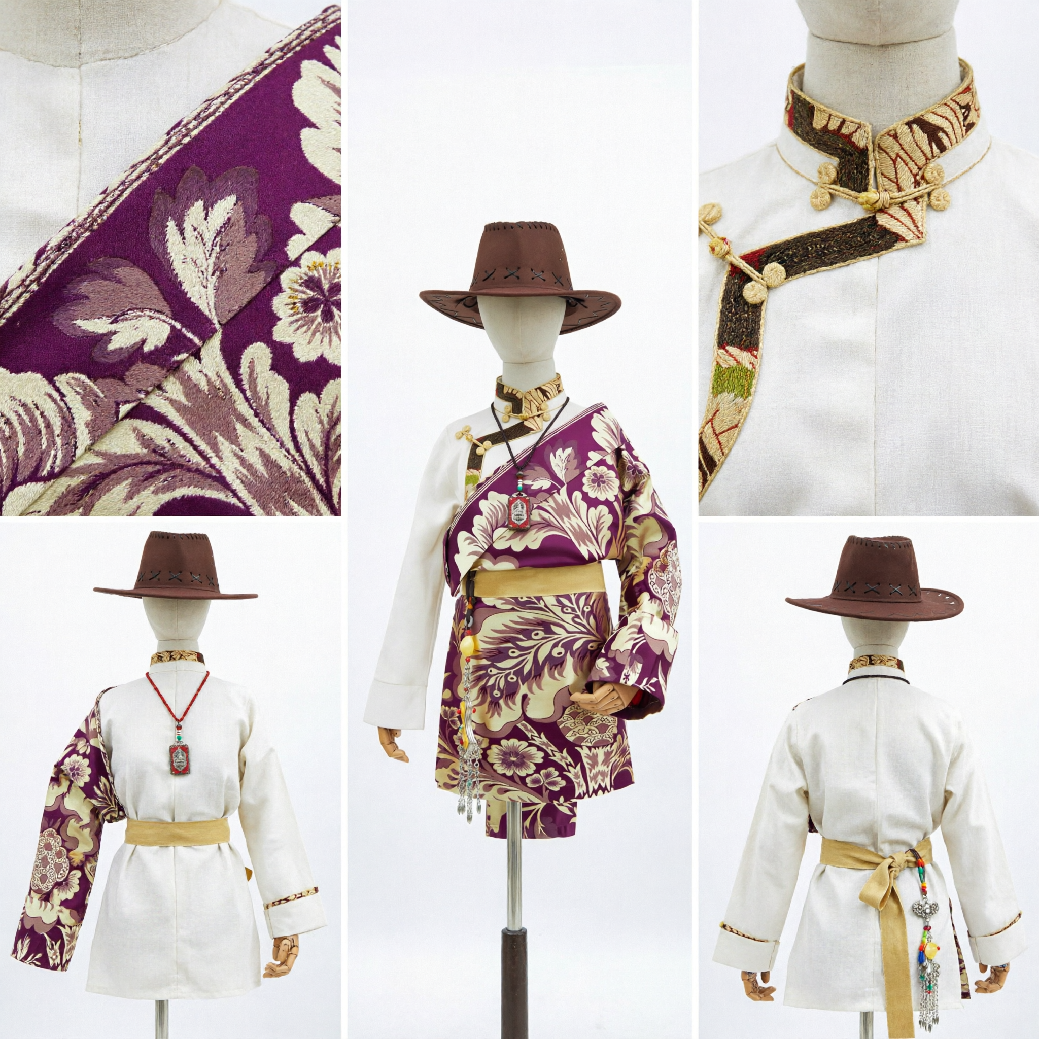 Traditional Tibetan Ethnic Costume Set for Adults Featuring Purple Floral Robe, Felt Hat, and Jewelry for Folk Dance