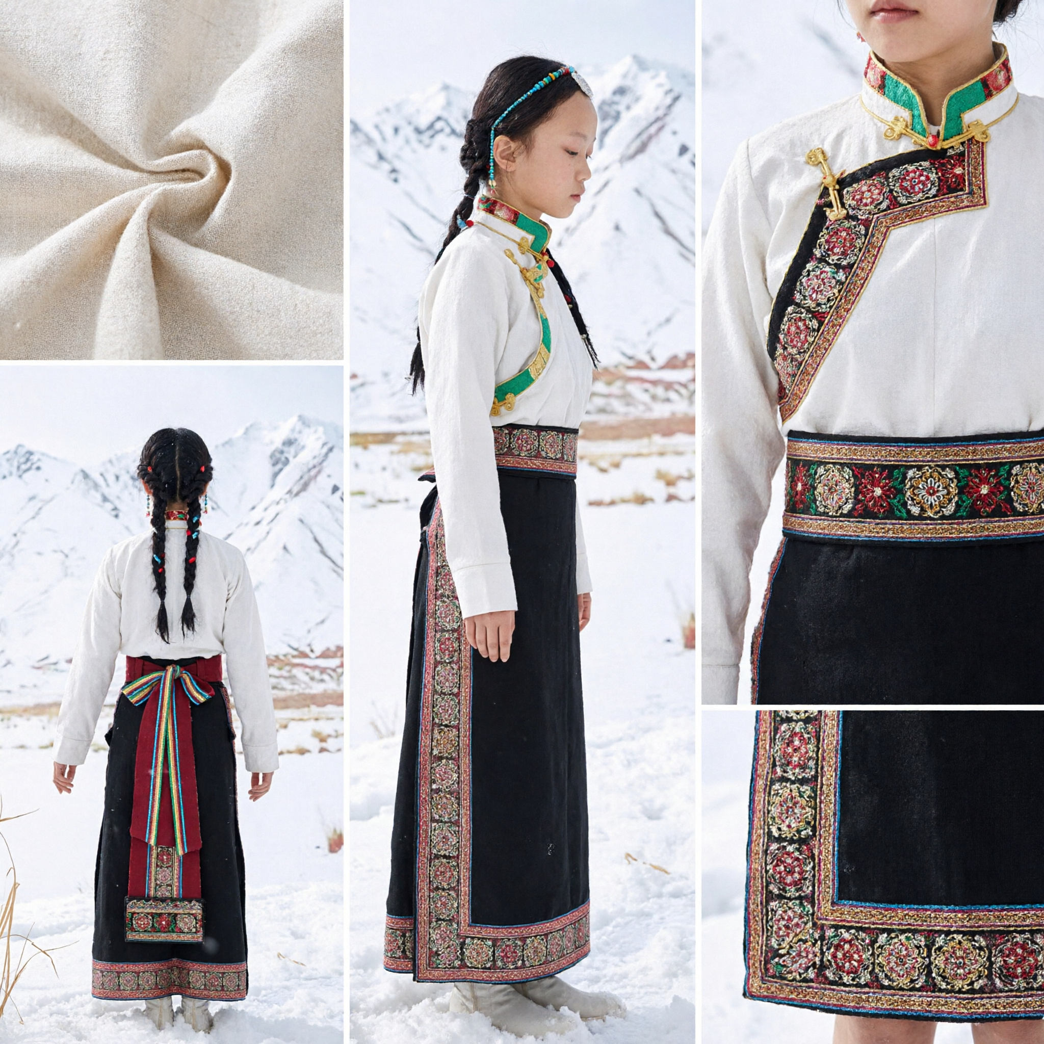Traditional Tibetan Ethnic Costume for Women Embroidered Black Skirt and White Top Folk Dance Dress Set