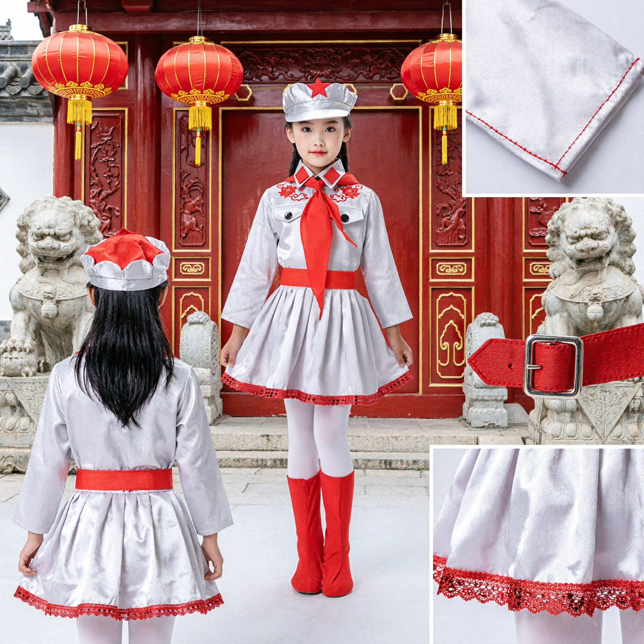 Girls Chinese Red Army Soldier Costume Kids Military Uniform Stage Performance Dance Outfit with Red Scarf