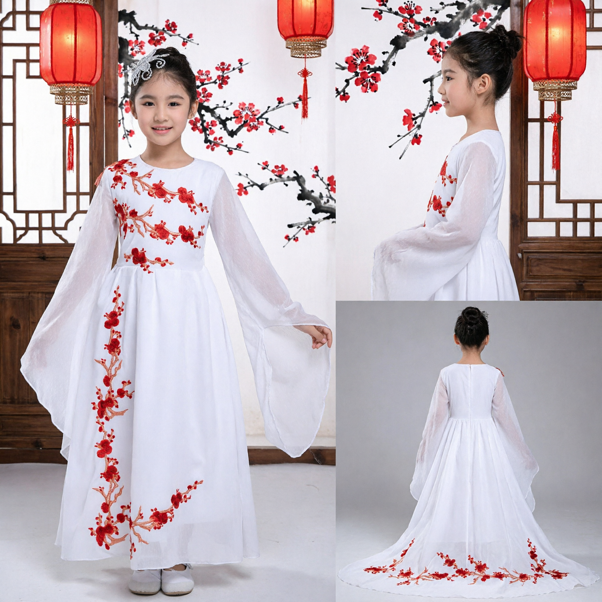 Traditional Chinese Dance Costume for Girls White Dress with Red Floral Embroidery Long Water Sleeves Performance Outfit