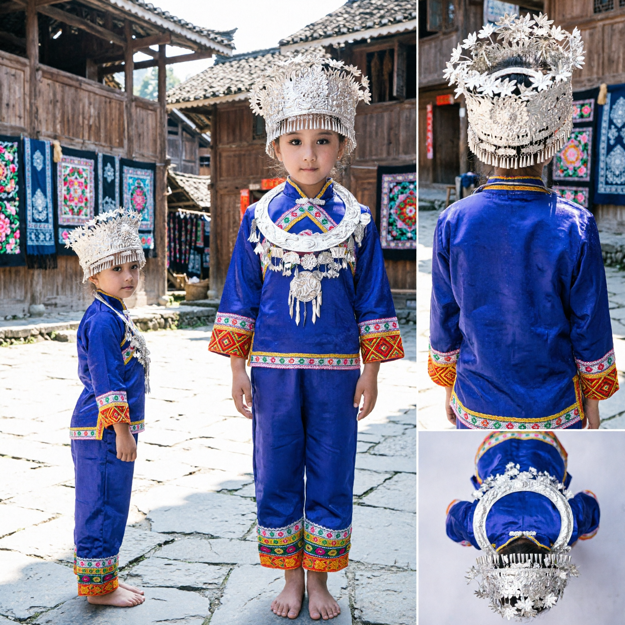 Traditional Miao Ethnic Costume for Girls Blue Embroidered Dance Outfit with Silver Jewelry for Kids Stage Performance