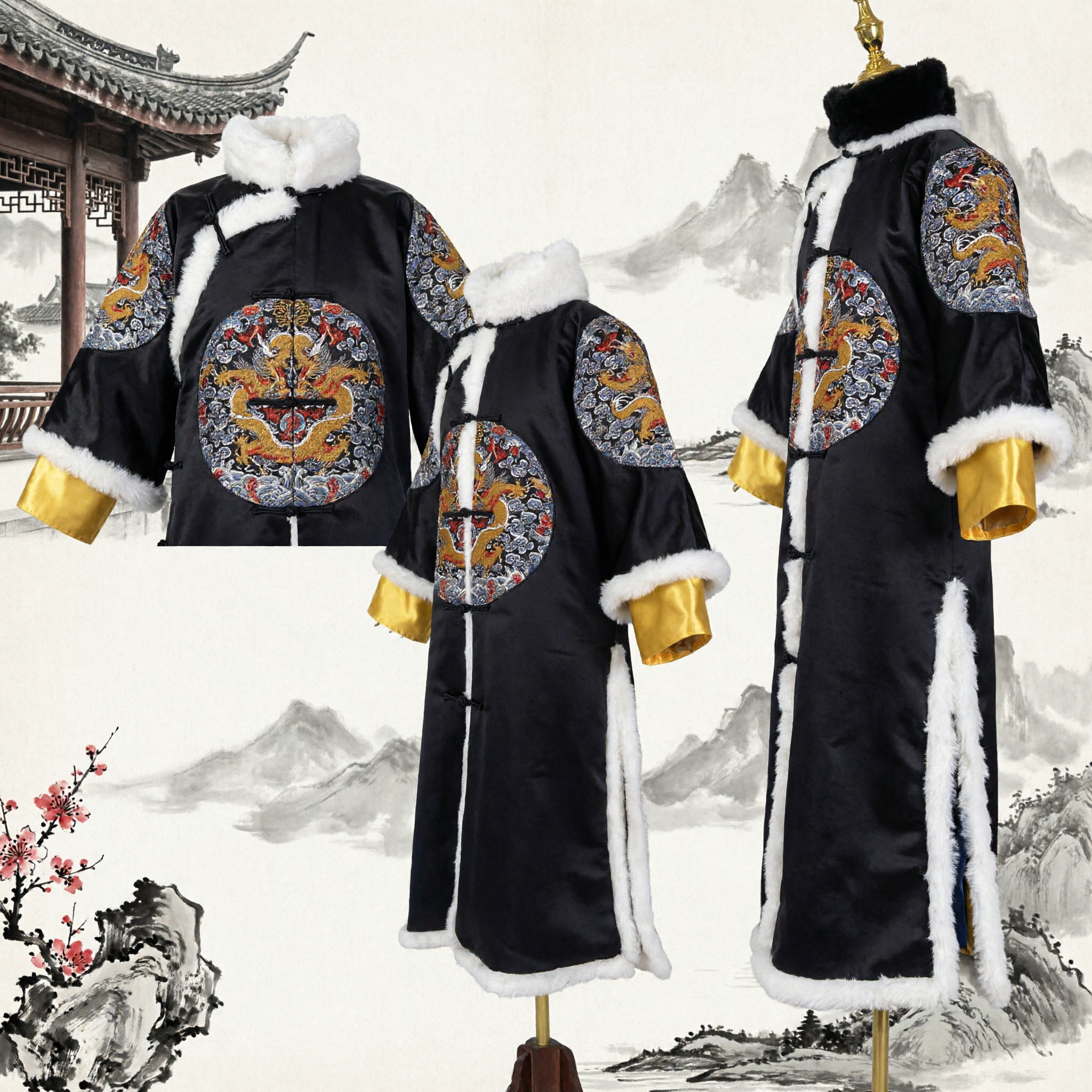 Traditional Chinese Qing Dynasty Black Dragon Robe Men's Winter Fur Trimmed Court Costume for Stage Performance