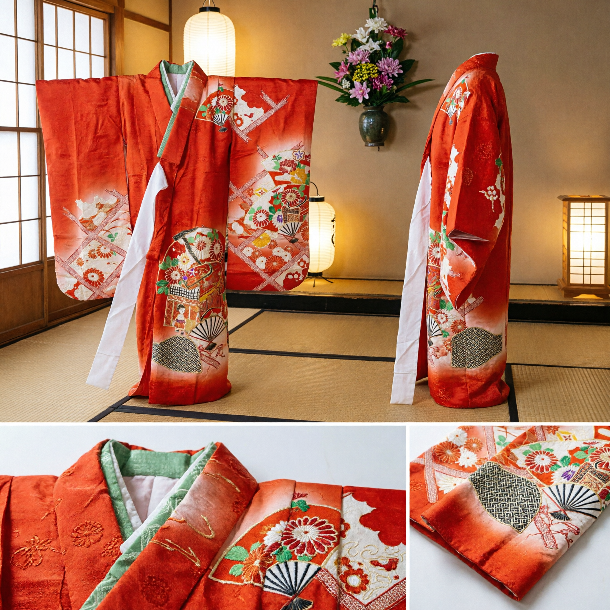 Traditional Japanese Orange Furisode Kimono with Floral and Fan Patterns for Women Dance and Festival Performance