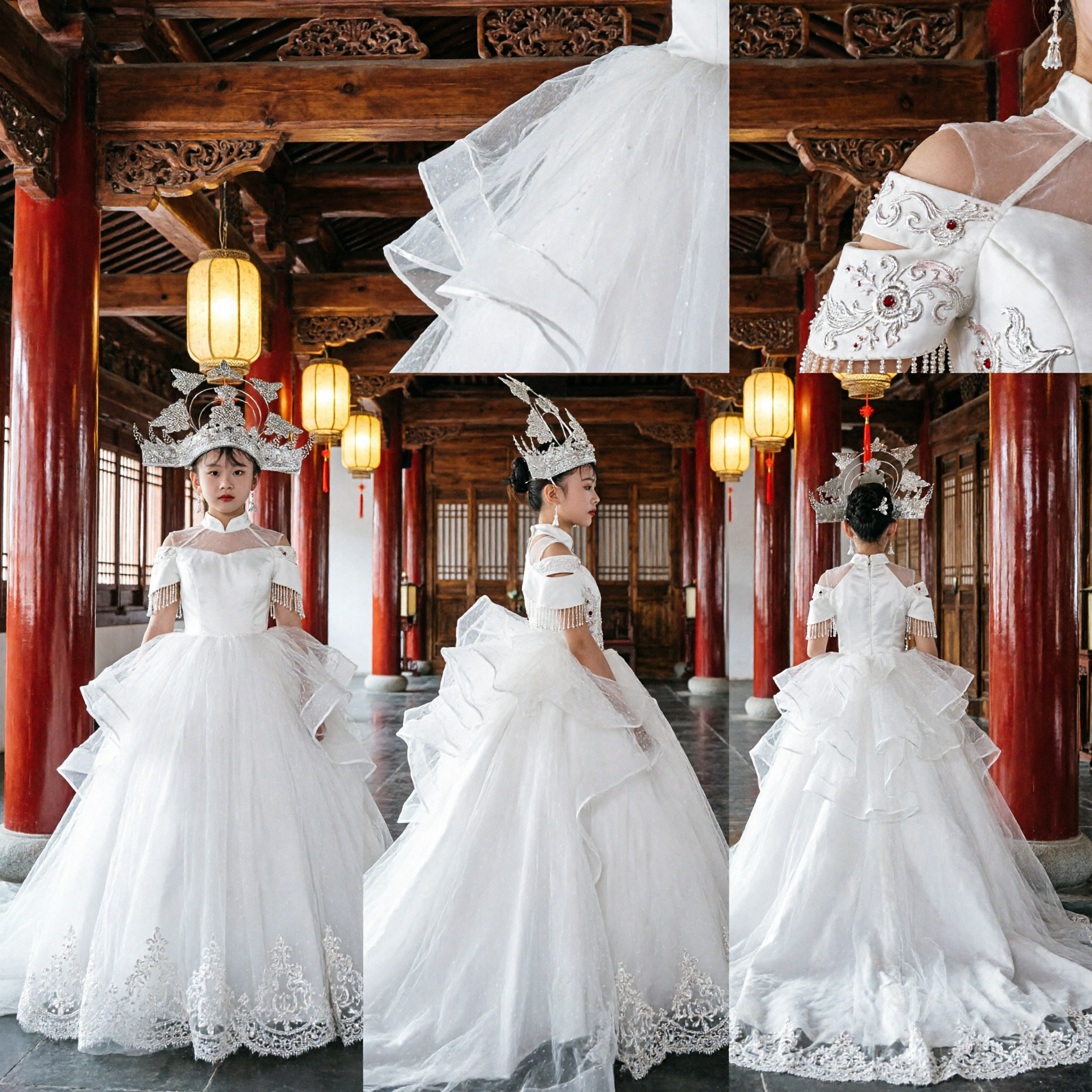 Children's White Pageant Ballgown Dress with Elaborate Silver Crown and Long Train for Wedding Performance