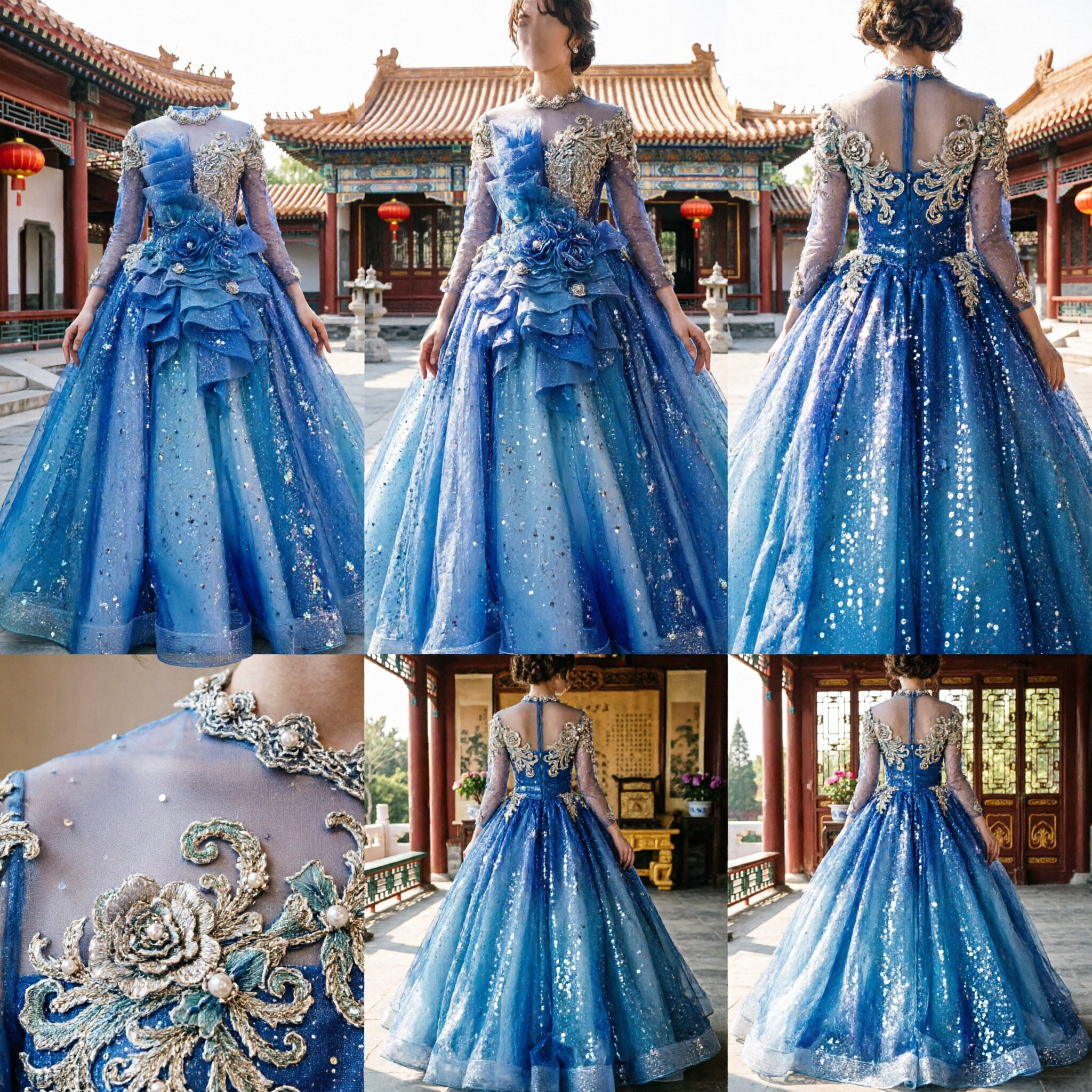 Luxury Blue Cinderella Ball Gown with Ruffled Bodice and Sparkly Starry Skirt for Prom or Cosplay