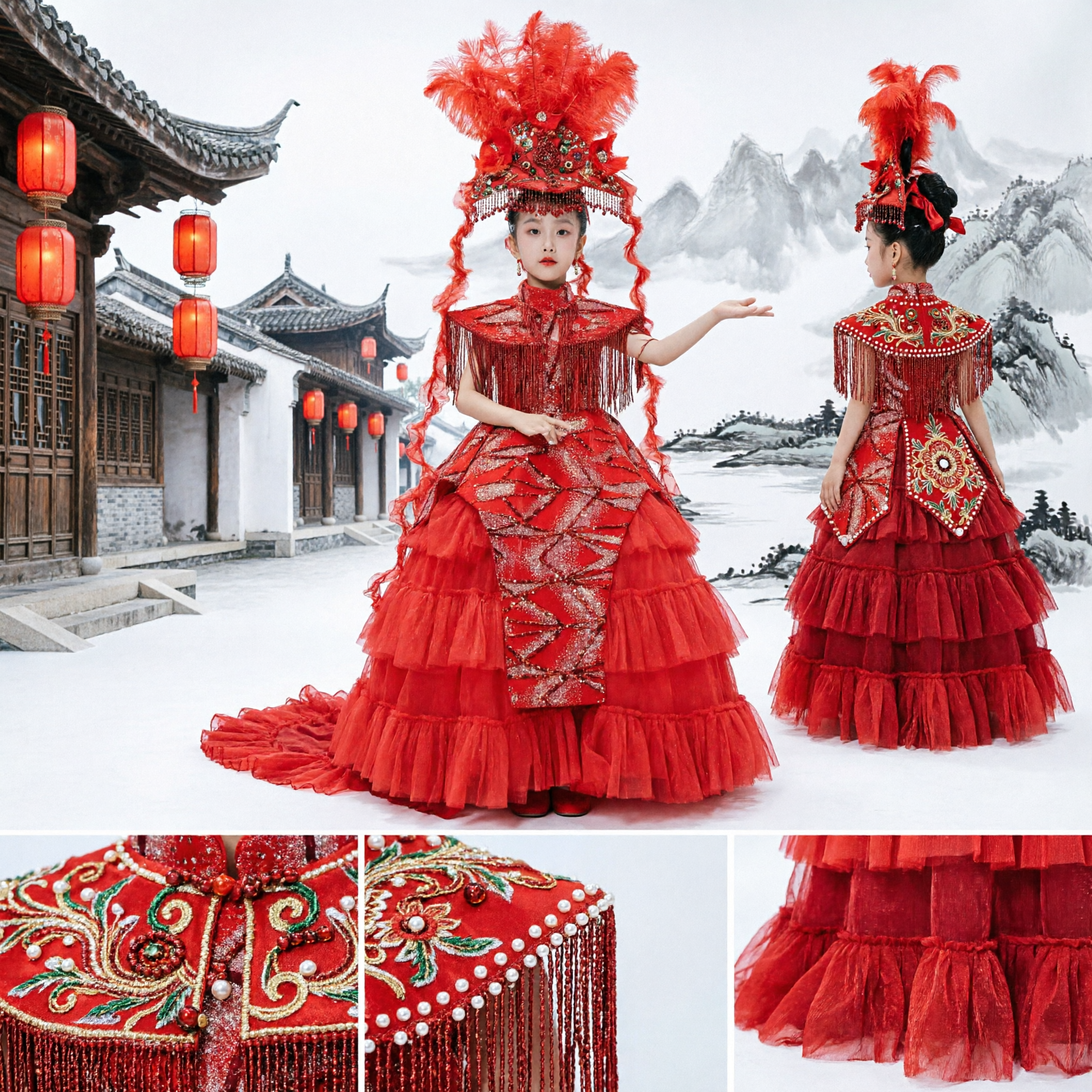 Kids Chinese Traditional Stage Performance Costume Red Dress with Feather Headdress for Girls Dance Show