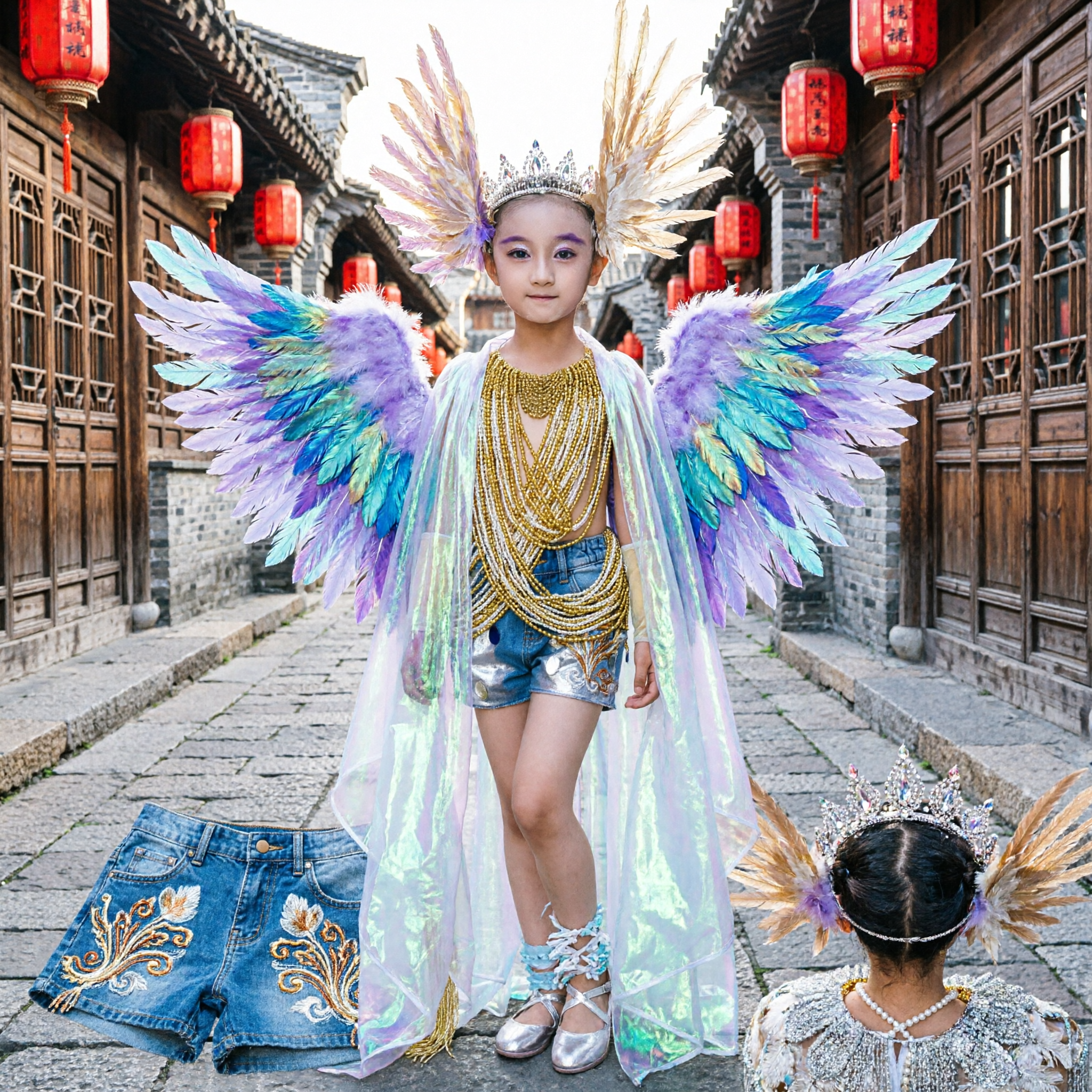 Kids Girls Angel Wings Costume Silver Gold Stage Performance Dance Outfit Fashion Show Ensemble