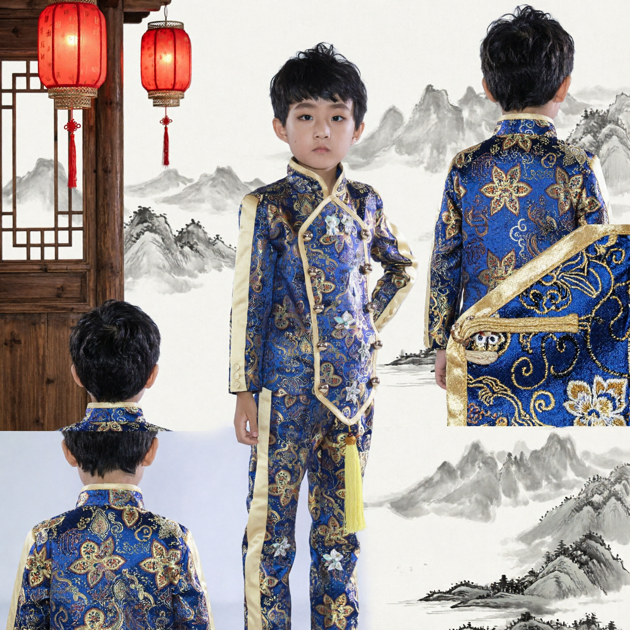 Boys Traditional Chinese Tang Suit Blue Brocade Kung Fu Uniform Dragon Costume for Performance