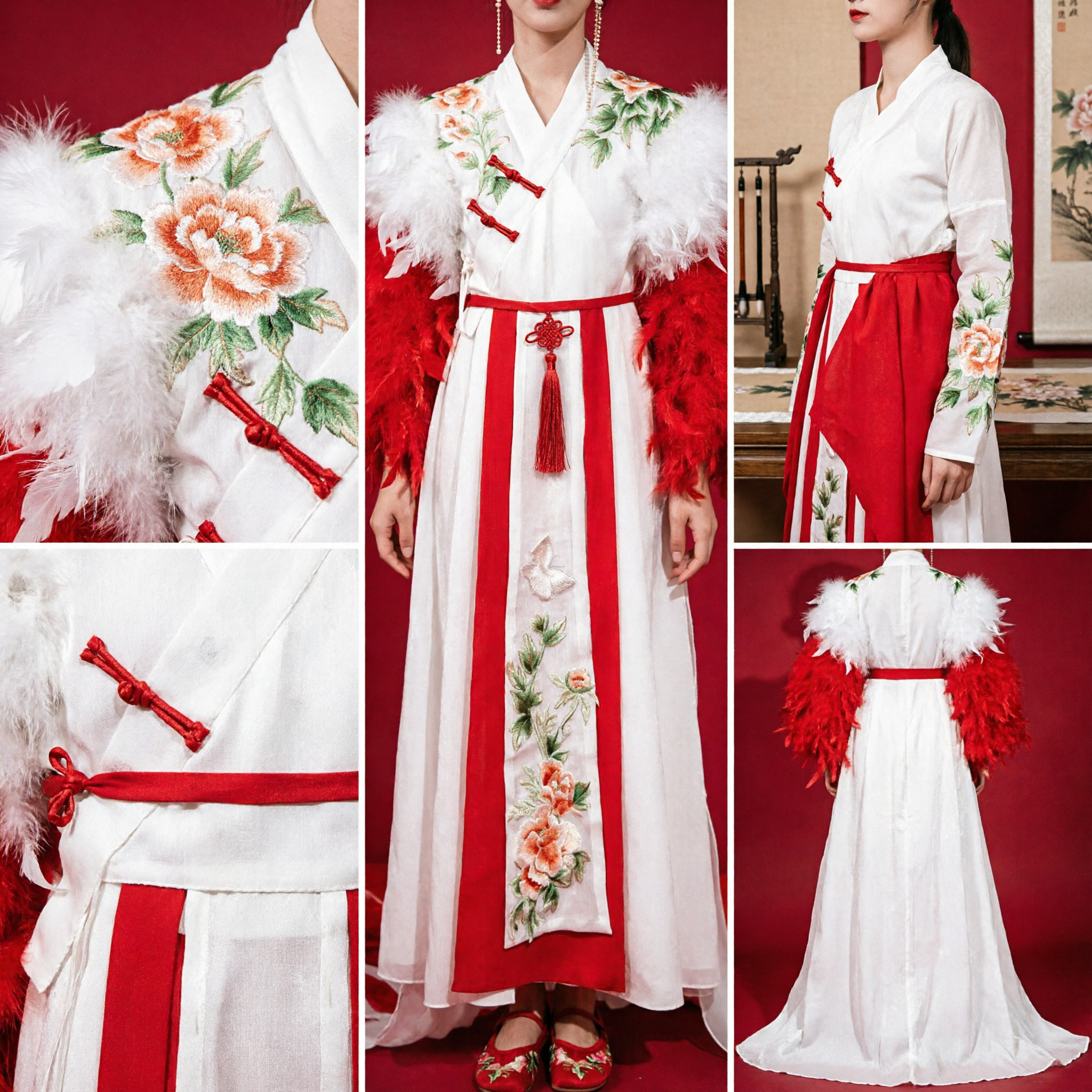 Traditional Chinese Hanfu Ancient Costume Red and White Dress with Feather Shawl for Women Wedding Performance