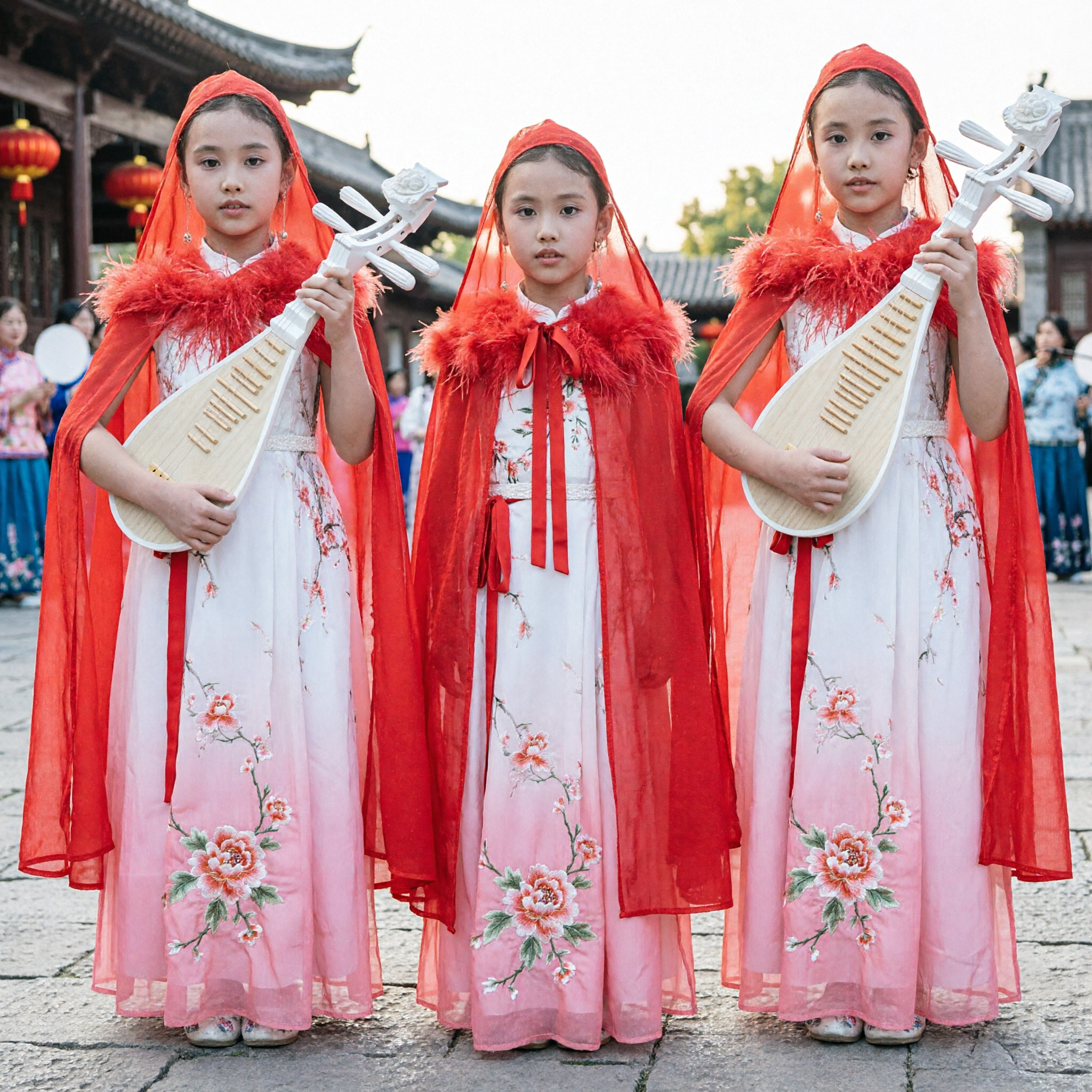 Kids Chinese Traditional Wang Zhaojun Pipa Player Costume Red Cape Hanfu Dress for Stage Performance
