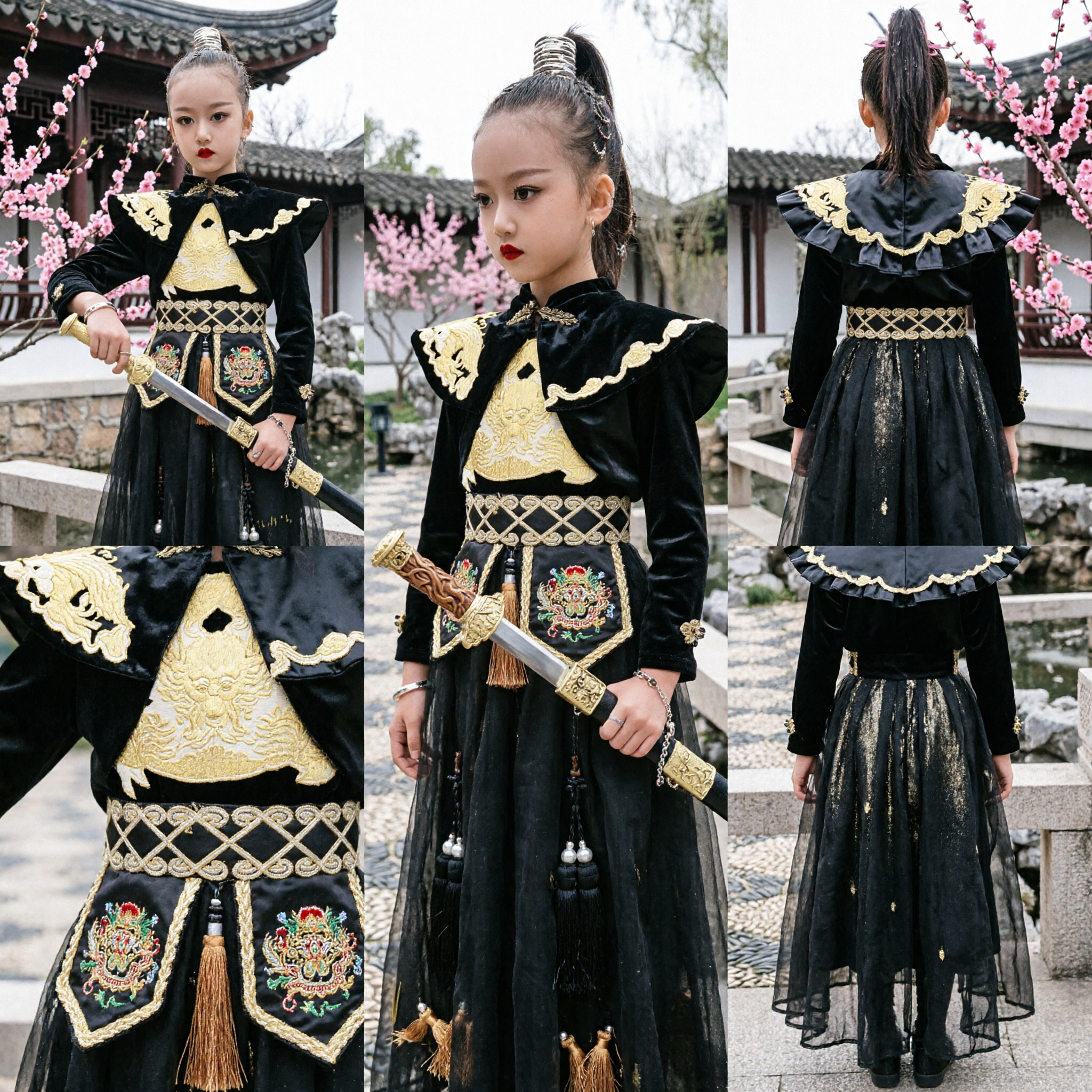 Ancient Chinese Black Warrior General Costume for Girls Traditional Embroidered Swordswoman Hanfu Halloween Cosplay Outfit