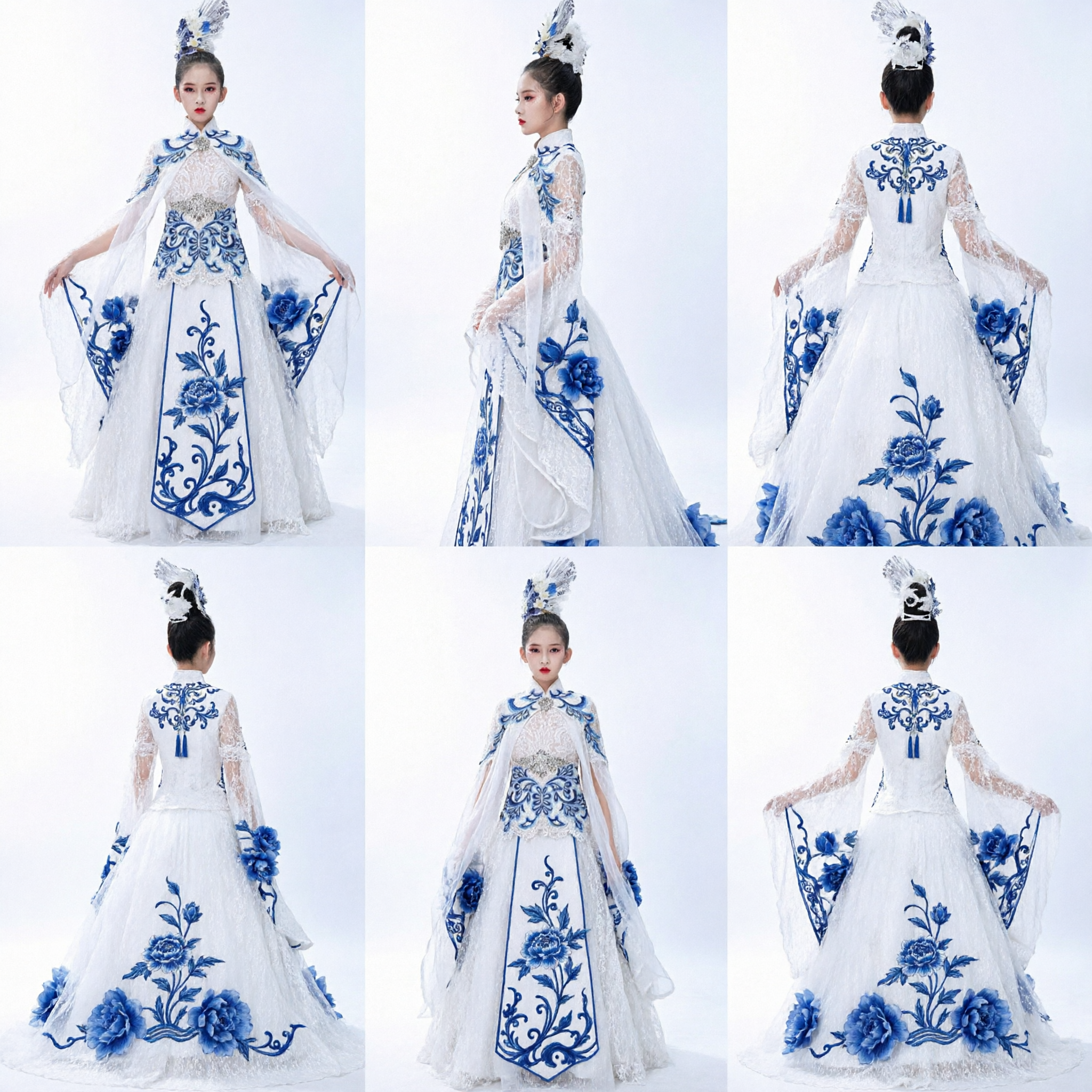 Kids Blue and White Porcelain Stage Costume Traditional Chinese Ballgown for Girls Dance Performance Dress