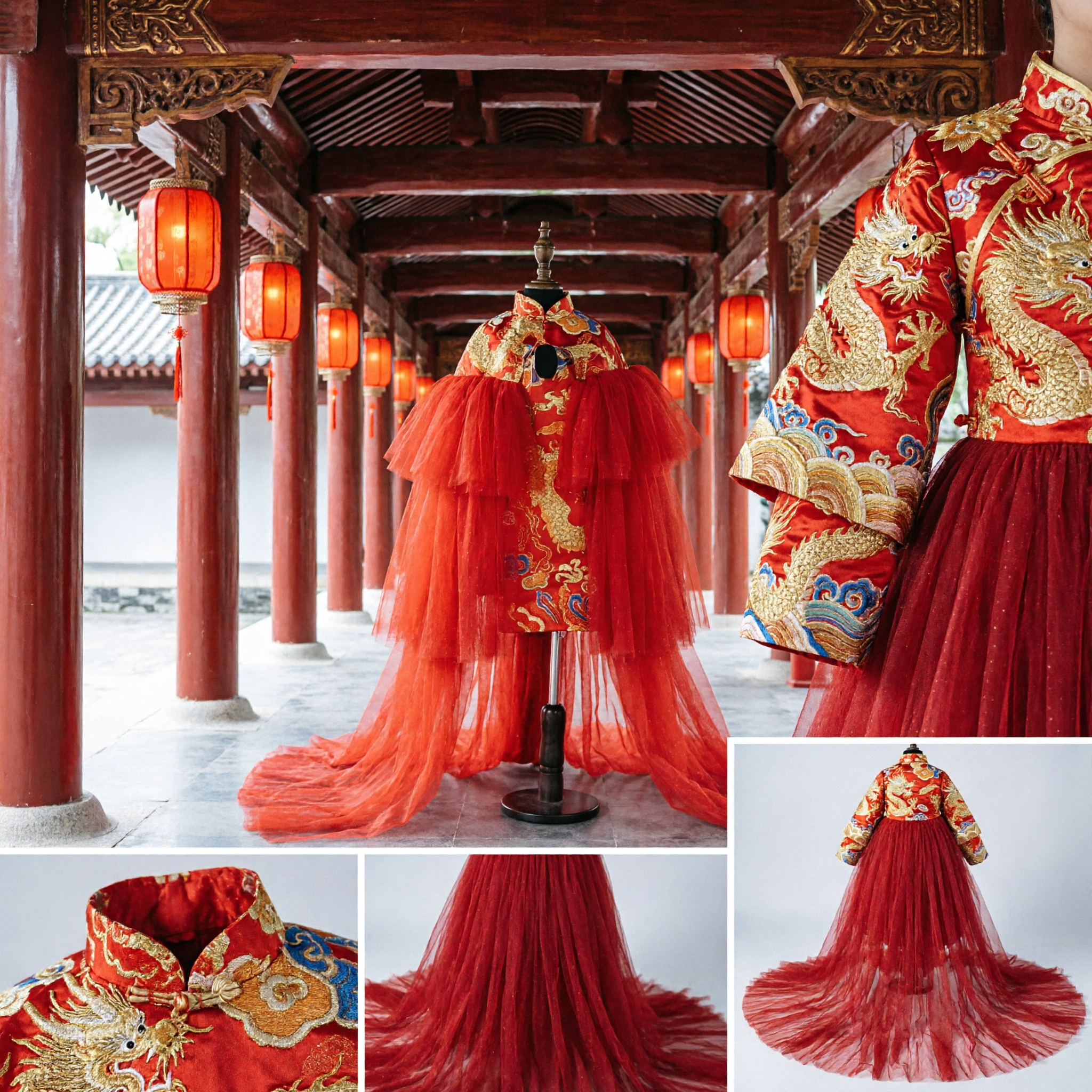 Traditional Chinese Wedding Red Tulle Cape Cloak Embroidered Dragon Phoenix Bride Xiuhe Suit Accessories