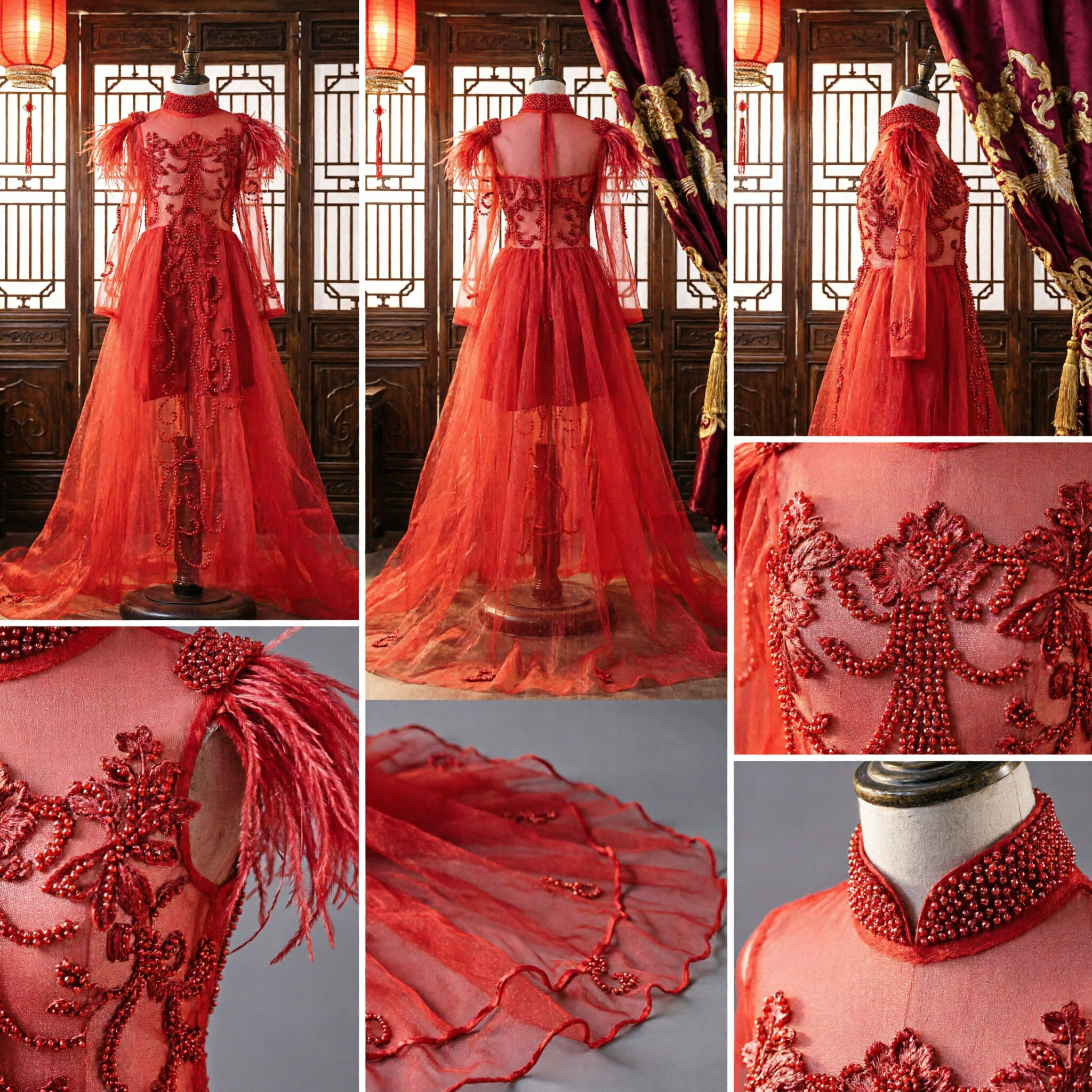 Elegant Red Stage Performance Dance Gown with Feather Shoulders and Beaded Details for Girls