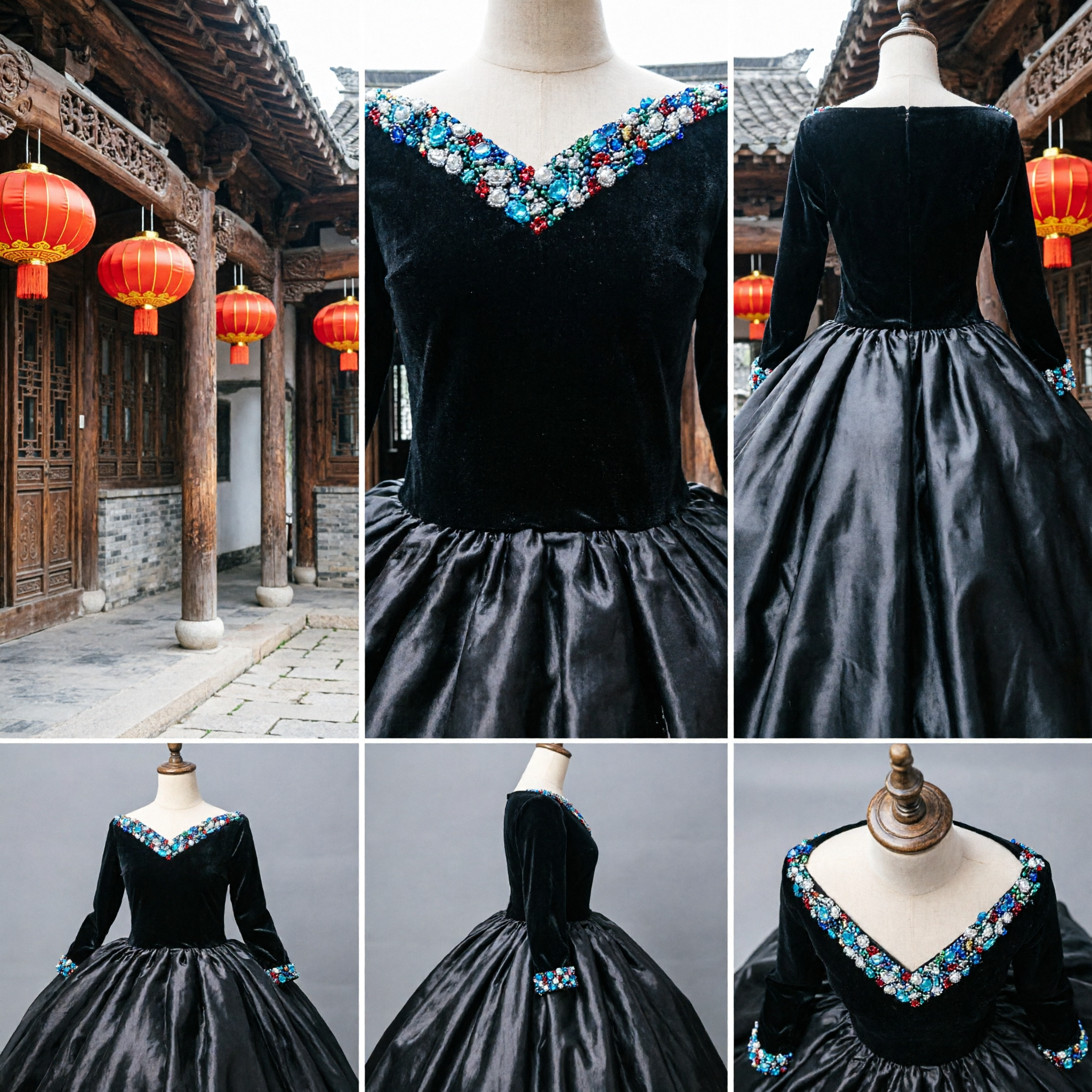 Women's Black Velvet Victorian Ballgown with Colorful Floral Embroidery Long Sleeve Renaissance Costume for Masquerade