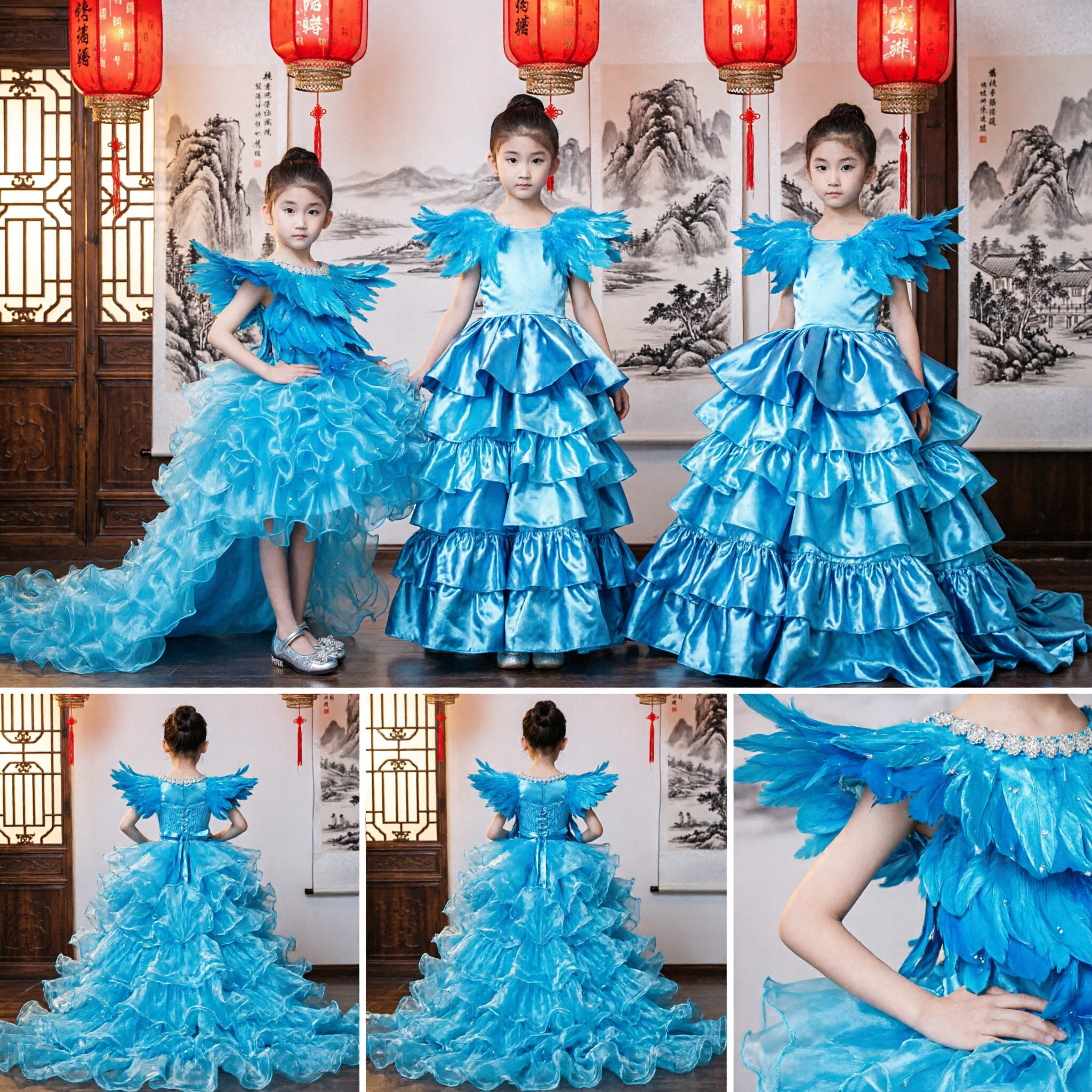 Kids Blue Feather Stage Performance Dress Girls Ruffle Skirt Choir Host Evening Gown Costume