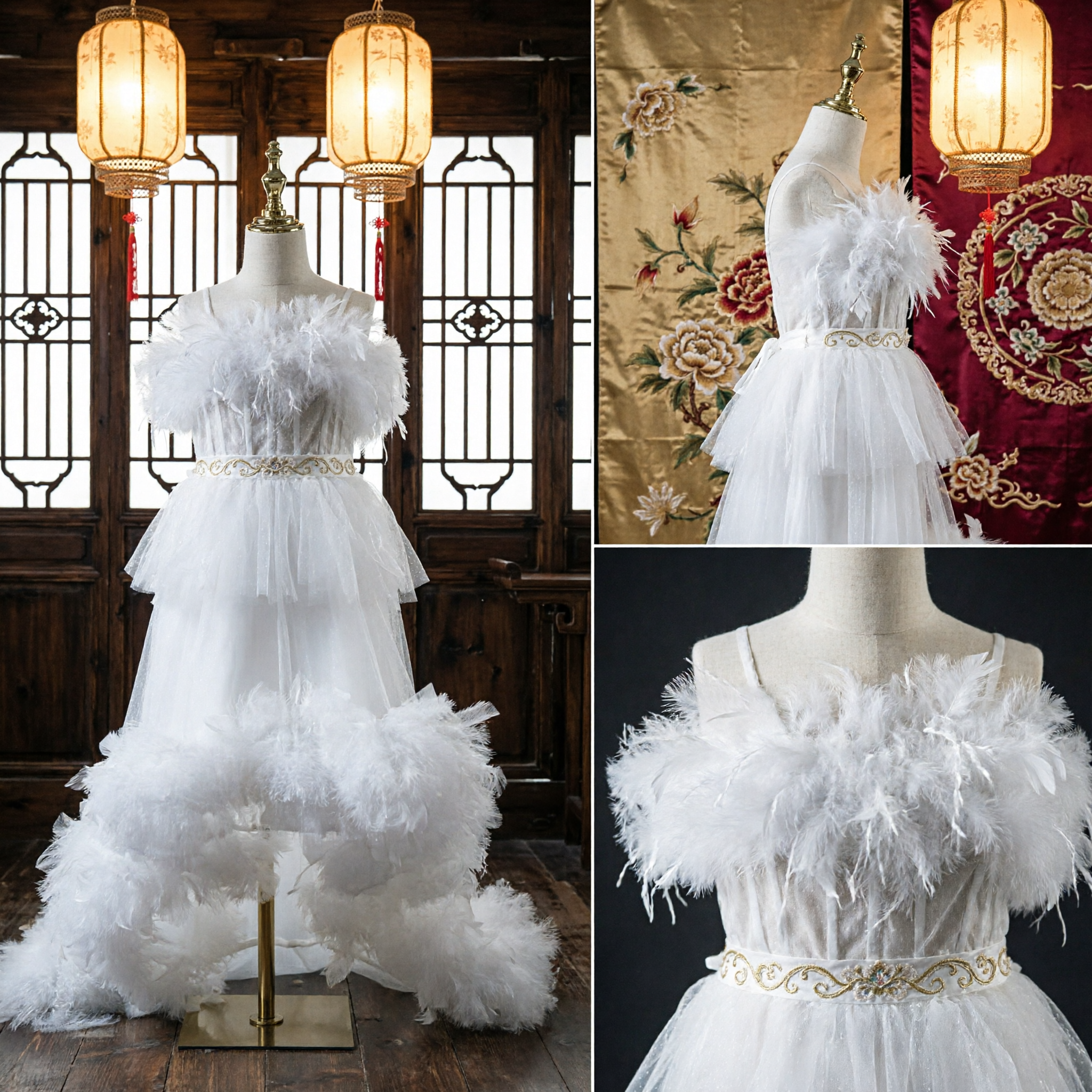 Elegant White Feather and Tulle Layered Dress for Women Stage Dance Performance Costume