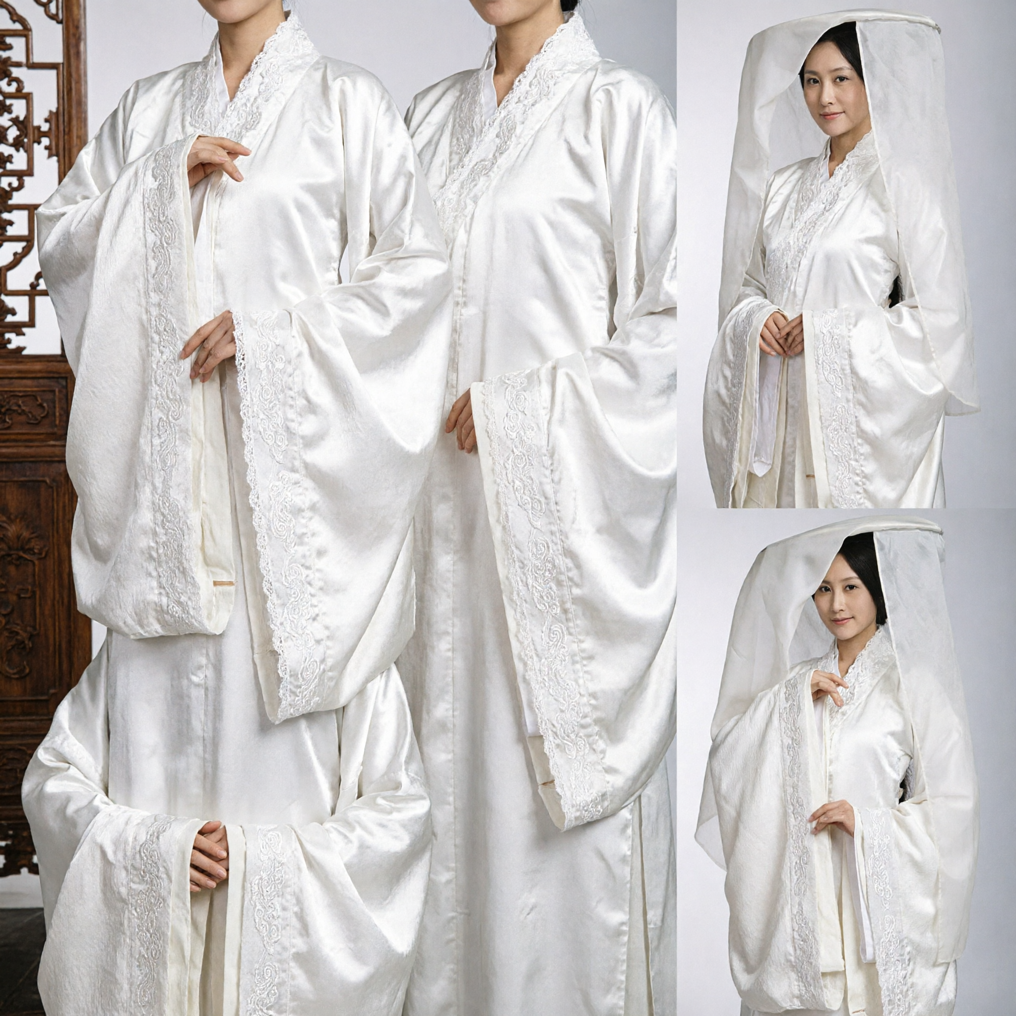 Ancient Chinese Hanfu White Cloak with Sheer Veil Traditional Wuxia Cosplay Costume for Women