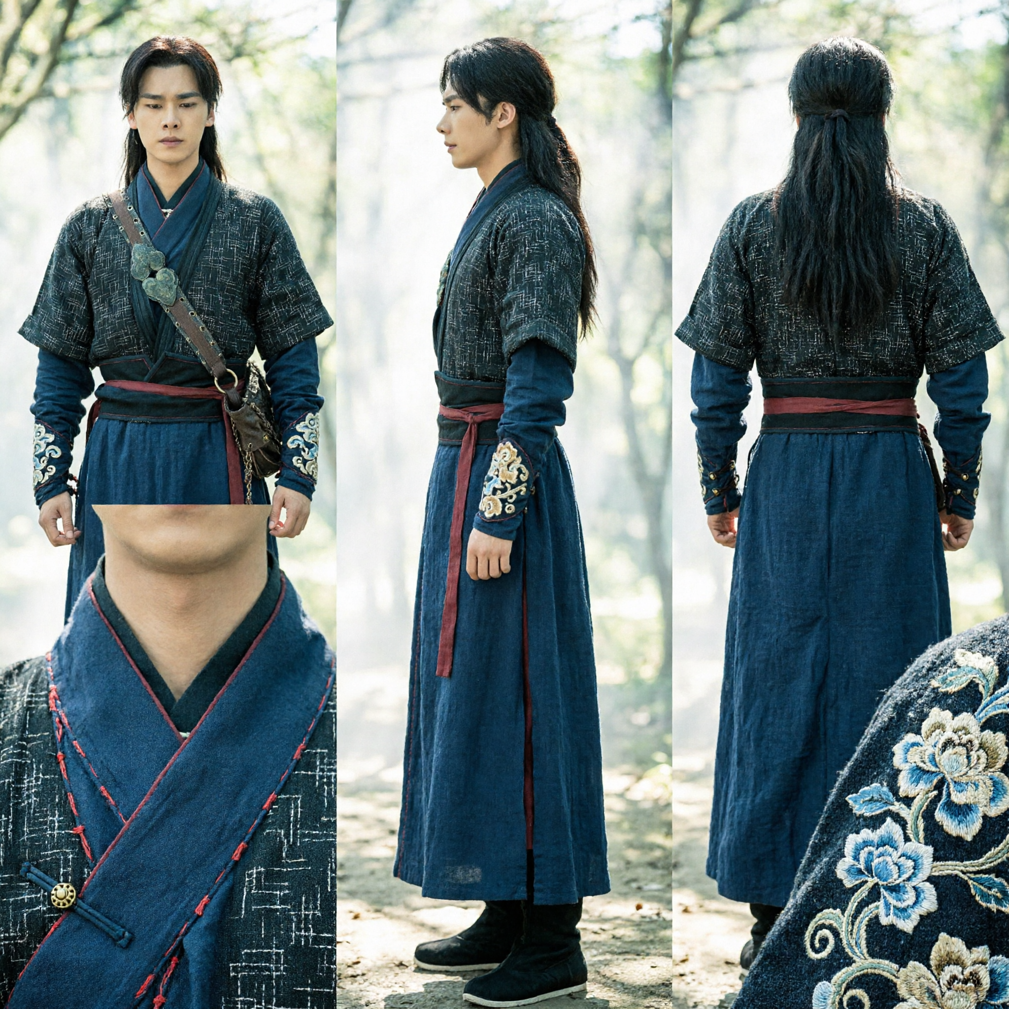 Ancient Chinese Warrior Costume Men's Dark Blue Checkered Hanfu Archer Outfit for Cosplay