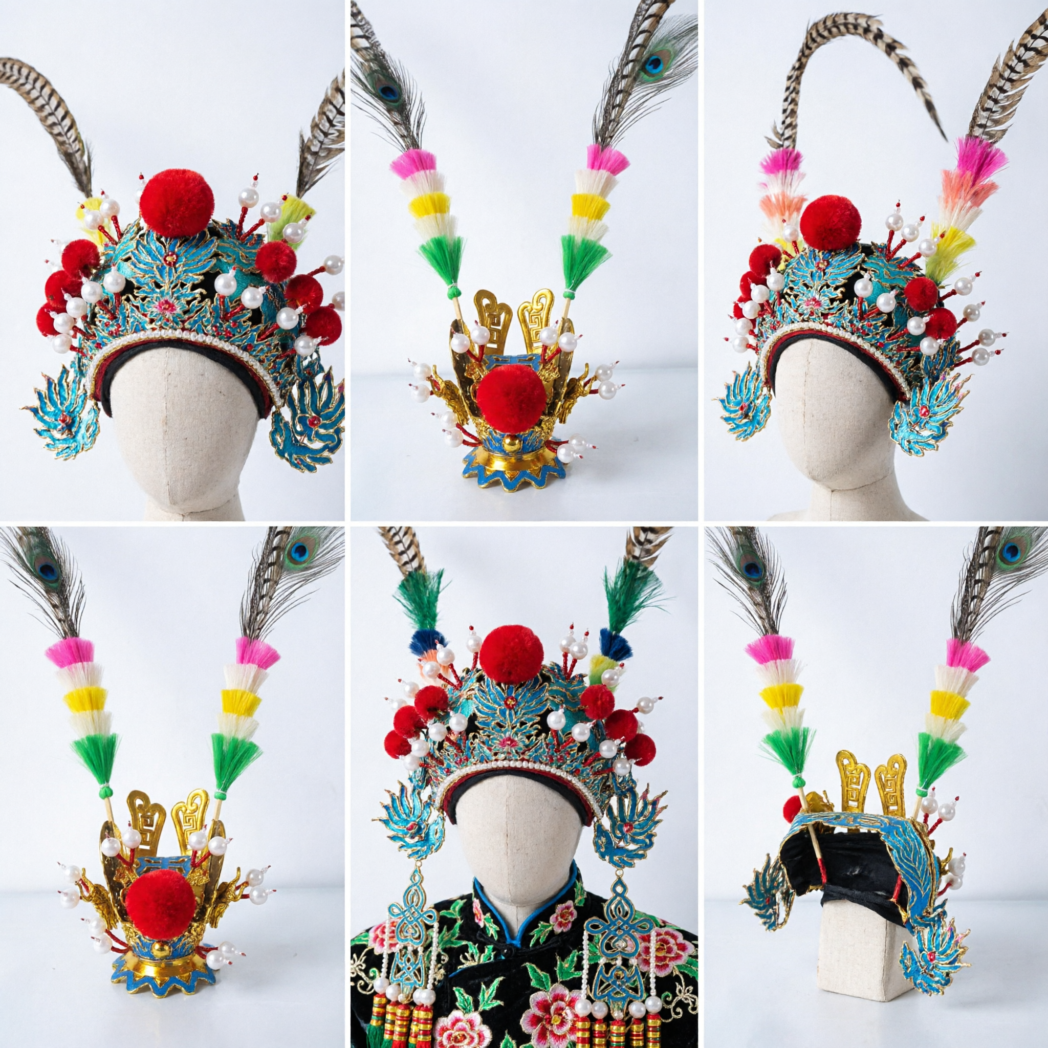 Traditional Chinese Peking Opera General Helmet Headpiece with Long Pheasant Feathers for Stage Performance Costume