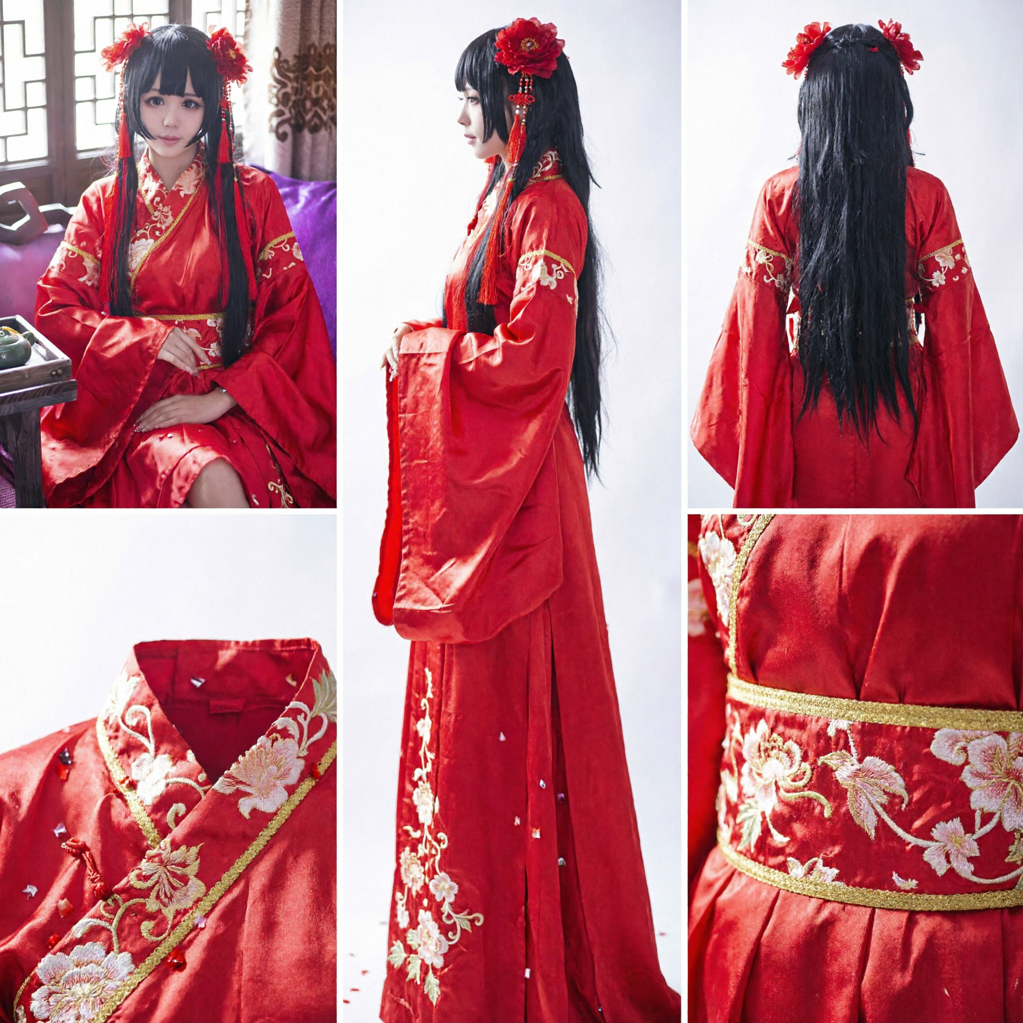 Traditional Chinese Red Hanfu Wedding Dress Ancient Bridal Costume with Hair Accessories for Women