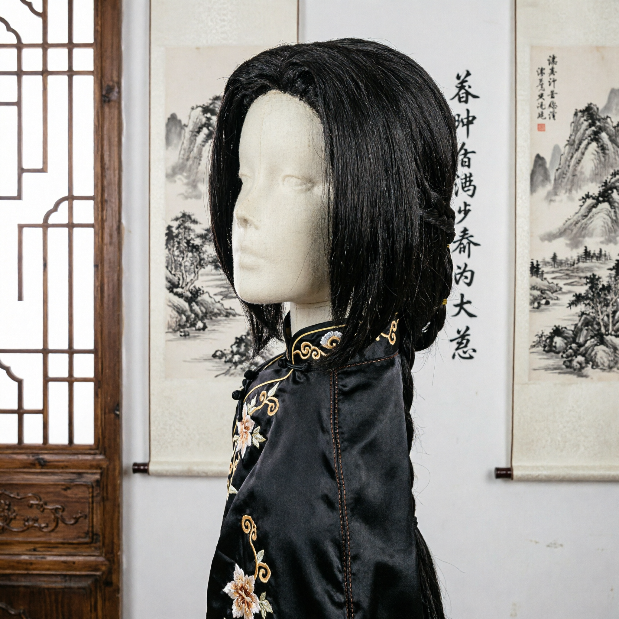 Traditional Ancient Chinese Black Wig for Hanfu Cosplay Period Drama Costume Braided Hairpiece for Women