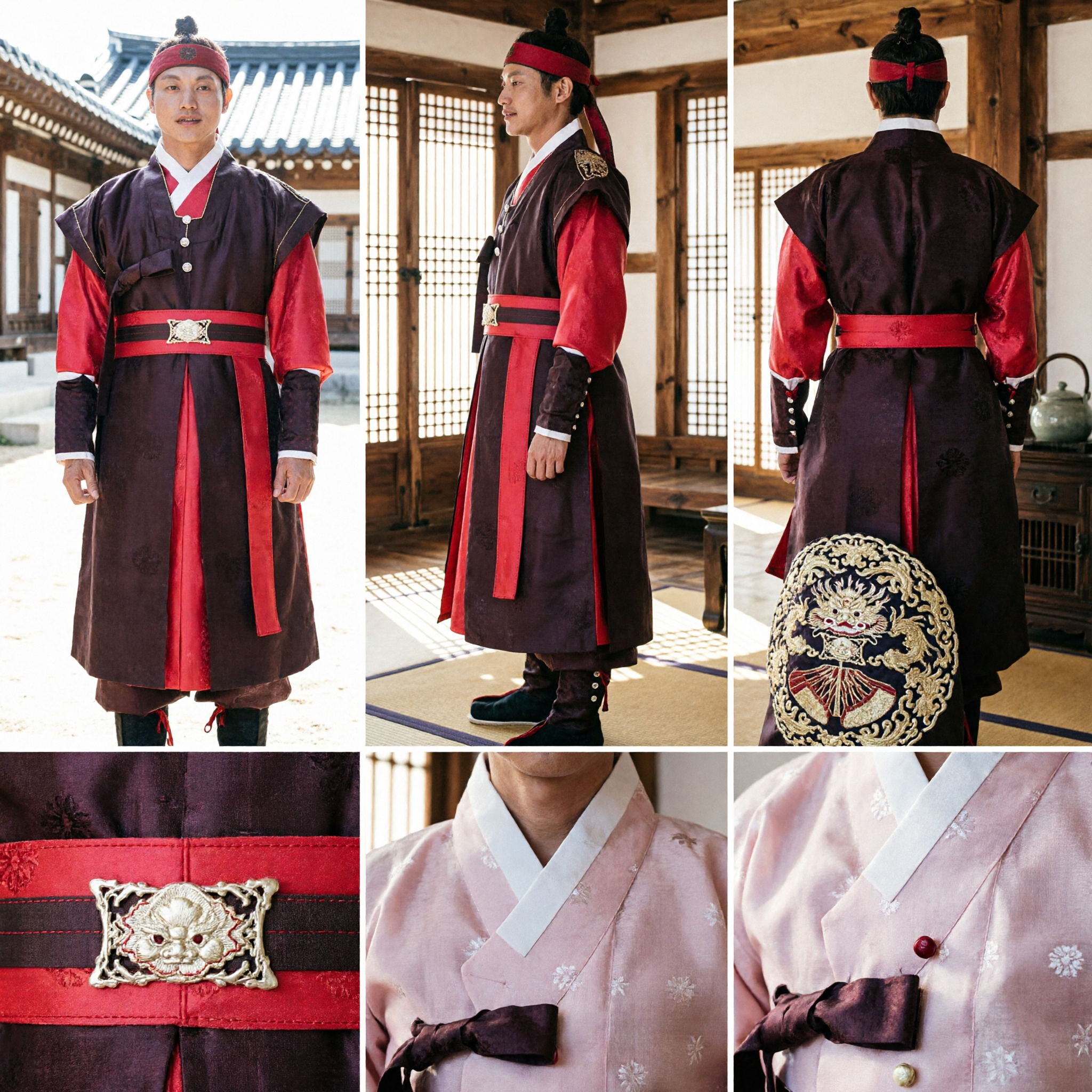 Men's Korean Traditional Hanbok Costume Red and Brown Nobleman Outfit for Wedding or Performance