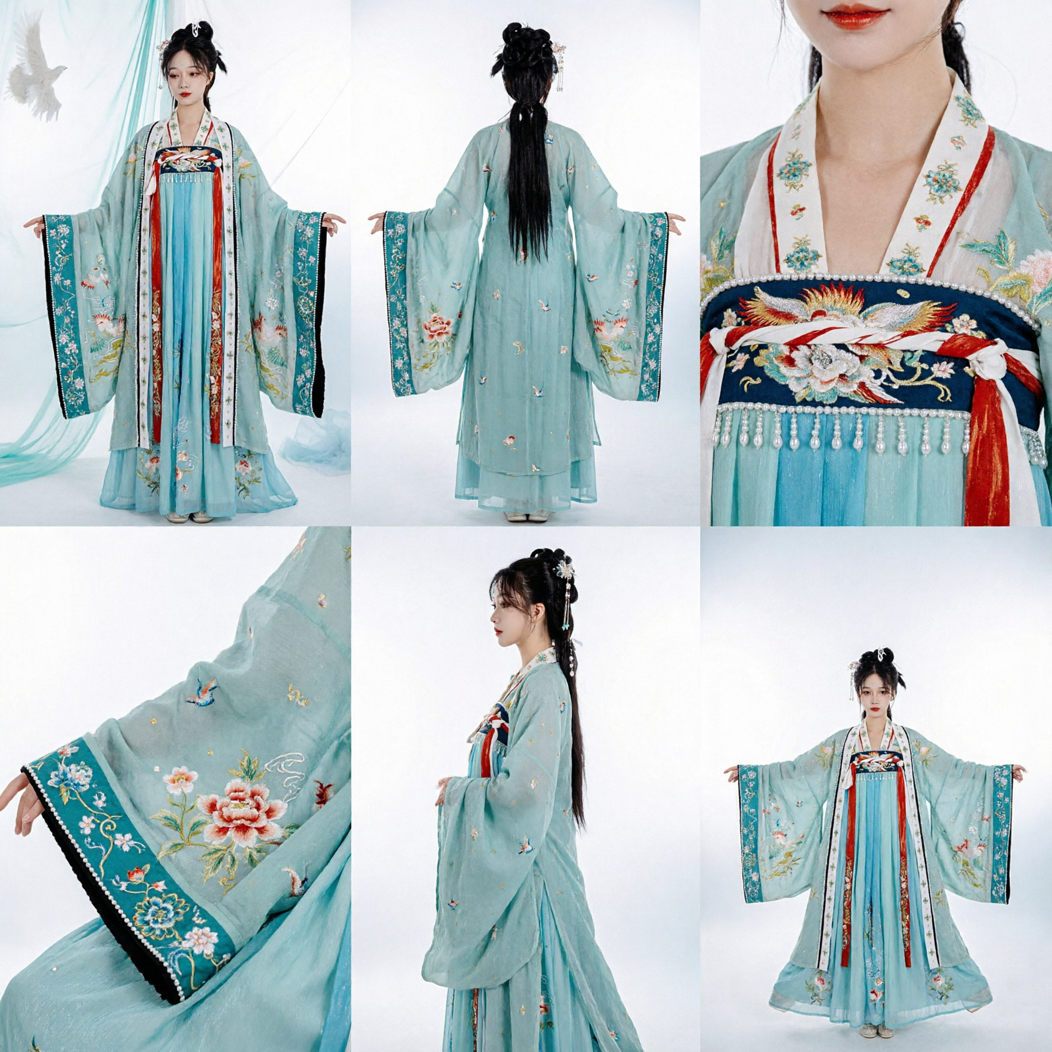 Elegant Teal Chinese Hanfu Tang Dynasty Embroidered Crane Fairy Costume Traditional Ancient Dress for Women