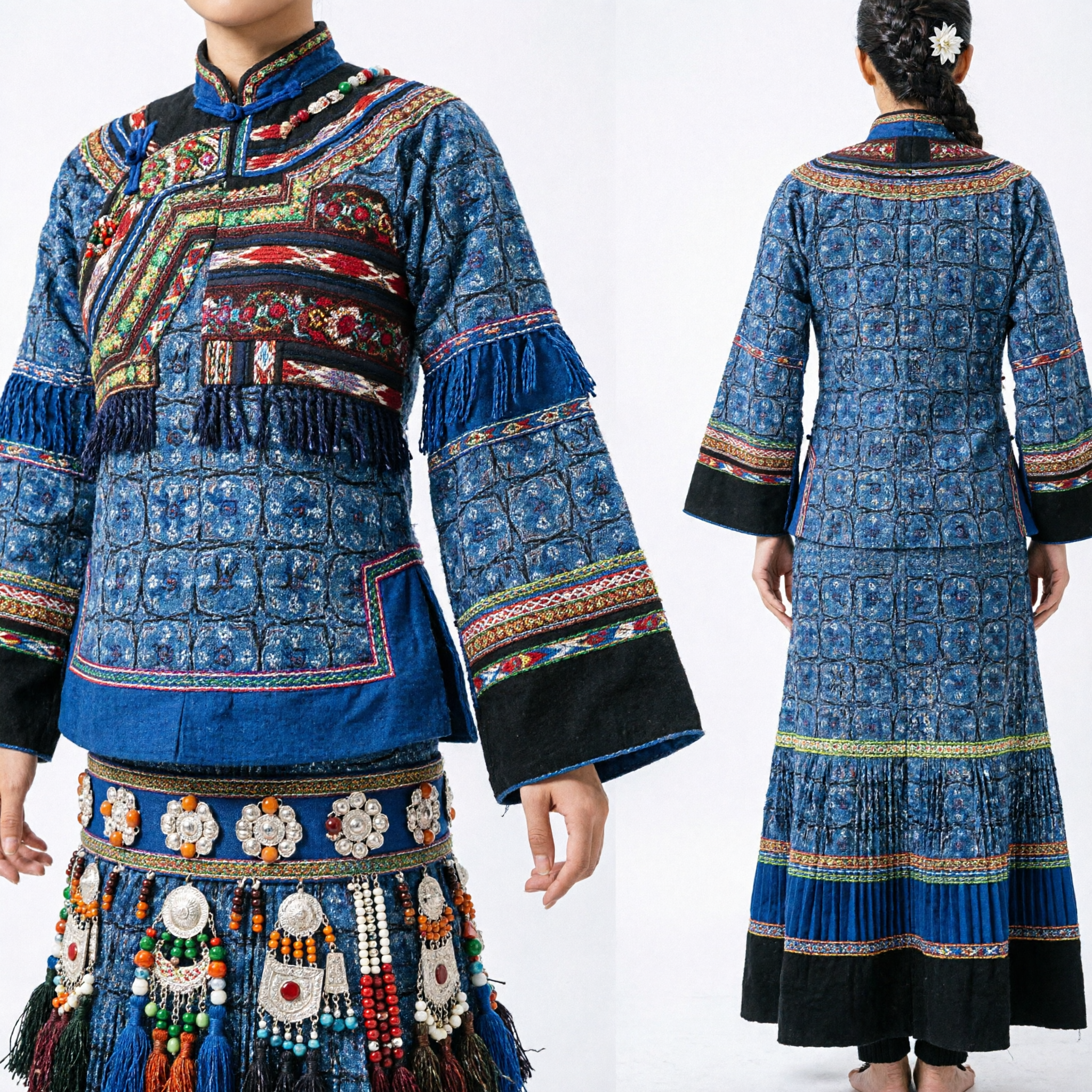 Chinese Traditional Ethnic Minority Costume Blue Embroidered Robe and Vest Ancient Mongolian Style Clothing for Women