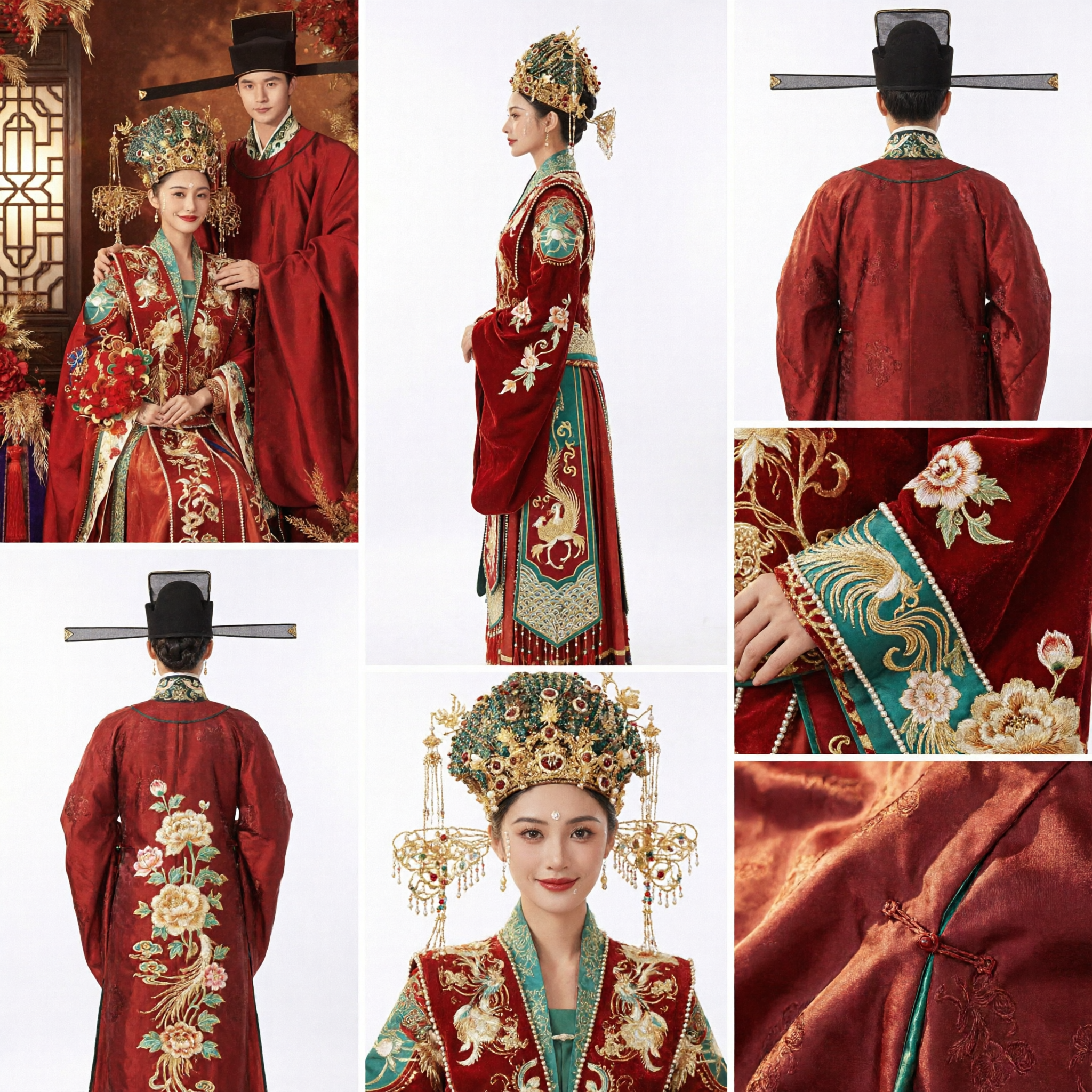 Traditional Chinese Wedding Hanfu Costume Set for Bride and Groom Ming Dynasty Red Robe and Phoenix Coronet