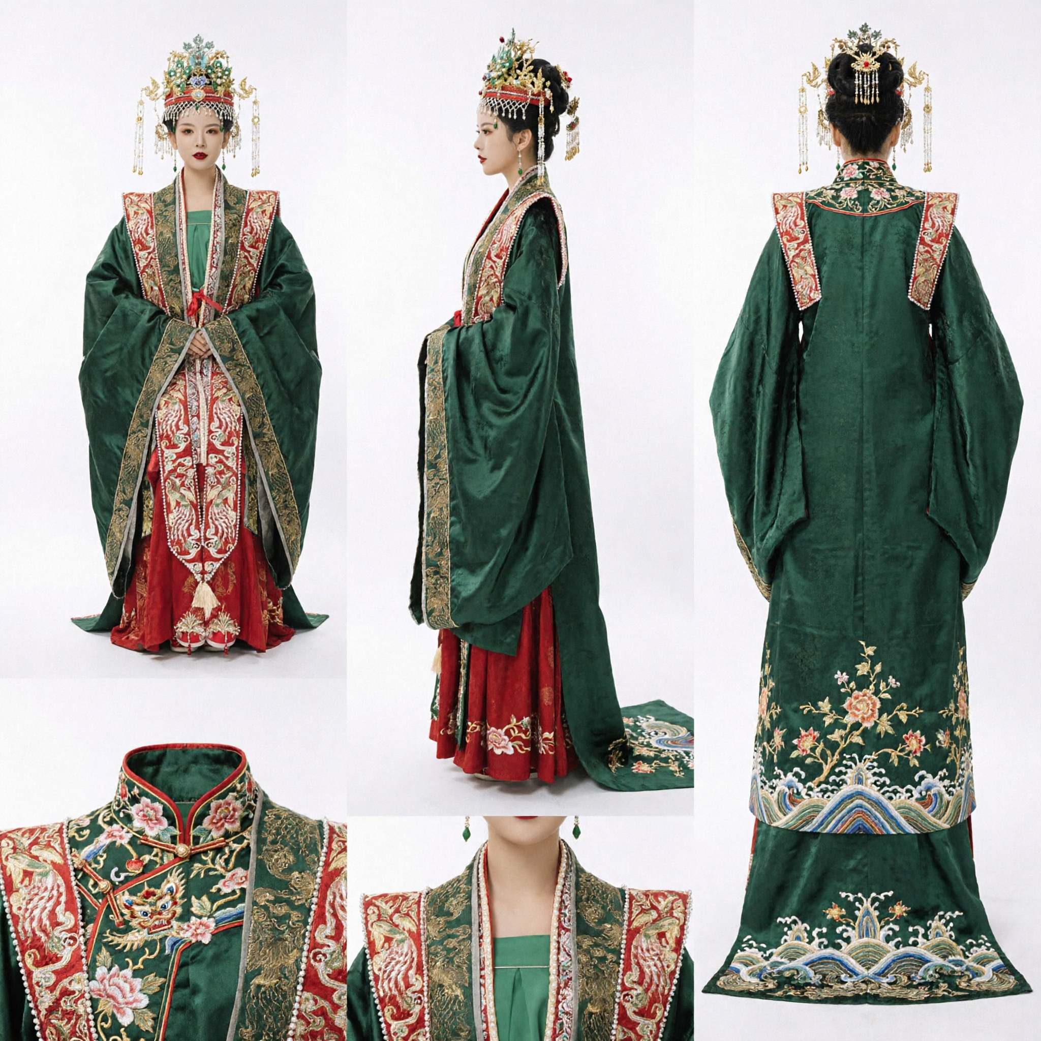 Traditional Chinese Ming Dynasty Wedding Hanfu Costume Green Robe Red Skirt with Phoenix Crown for Bride