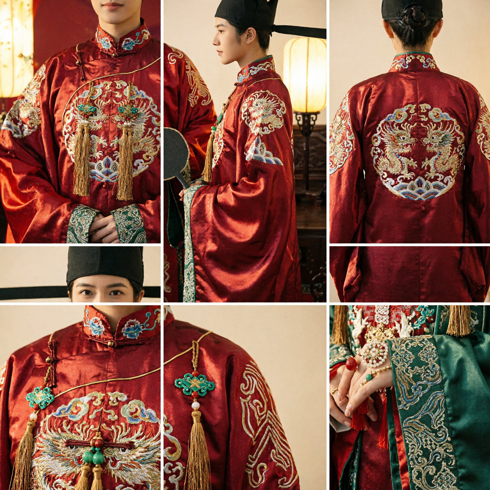 Traditional Chinese Wedding Costumes for Bride and Groom Ancient Hanfu Red and Green Song Dynasty Style Complete Set