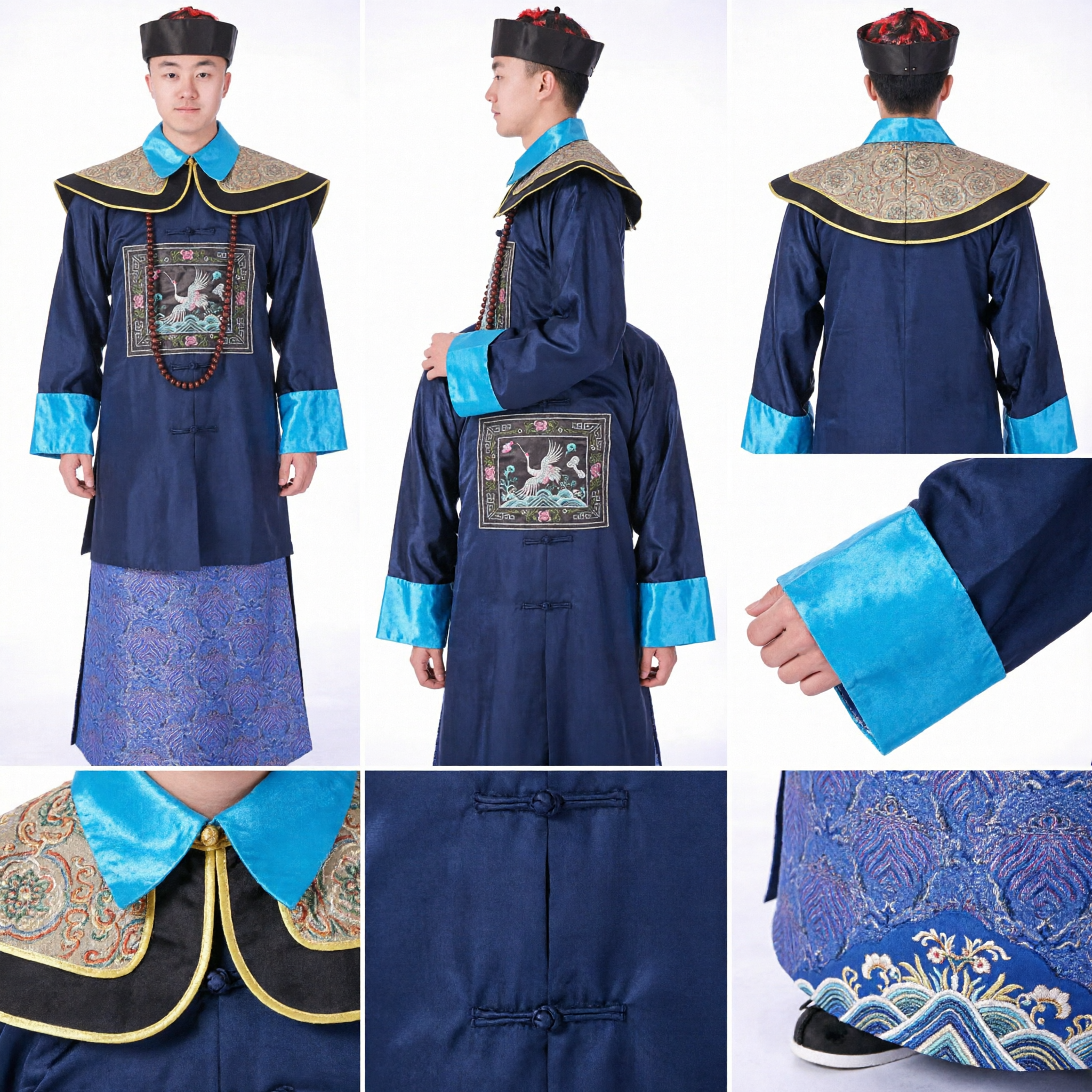 Men's Qing Dynasty Ancient Chinese Official Costume Traditional Blue Robe with Crane Badge for Stage Performance