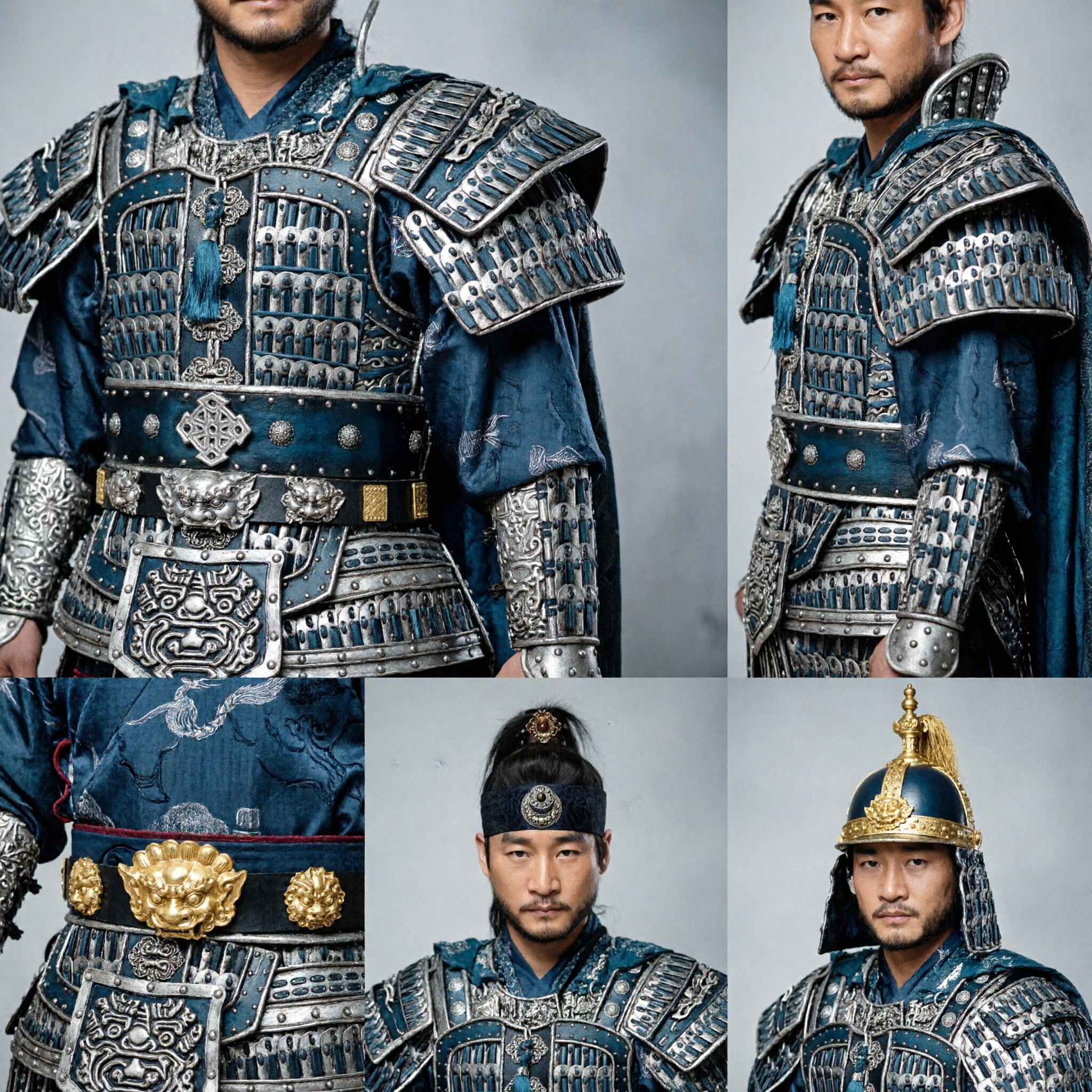 Ancient Chinese General Blue Armor Complete Set Men's Historical Warrior Cosplay Costume for Halloween