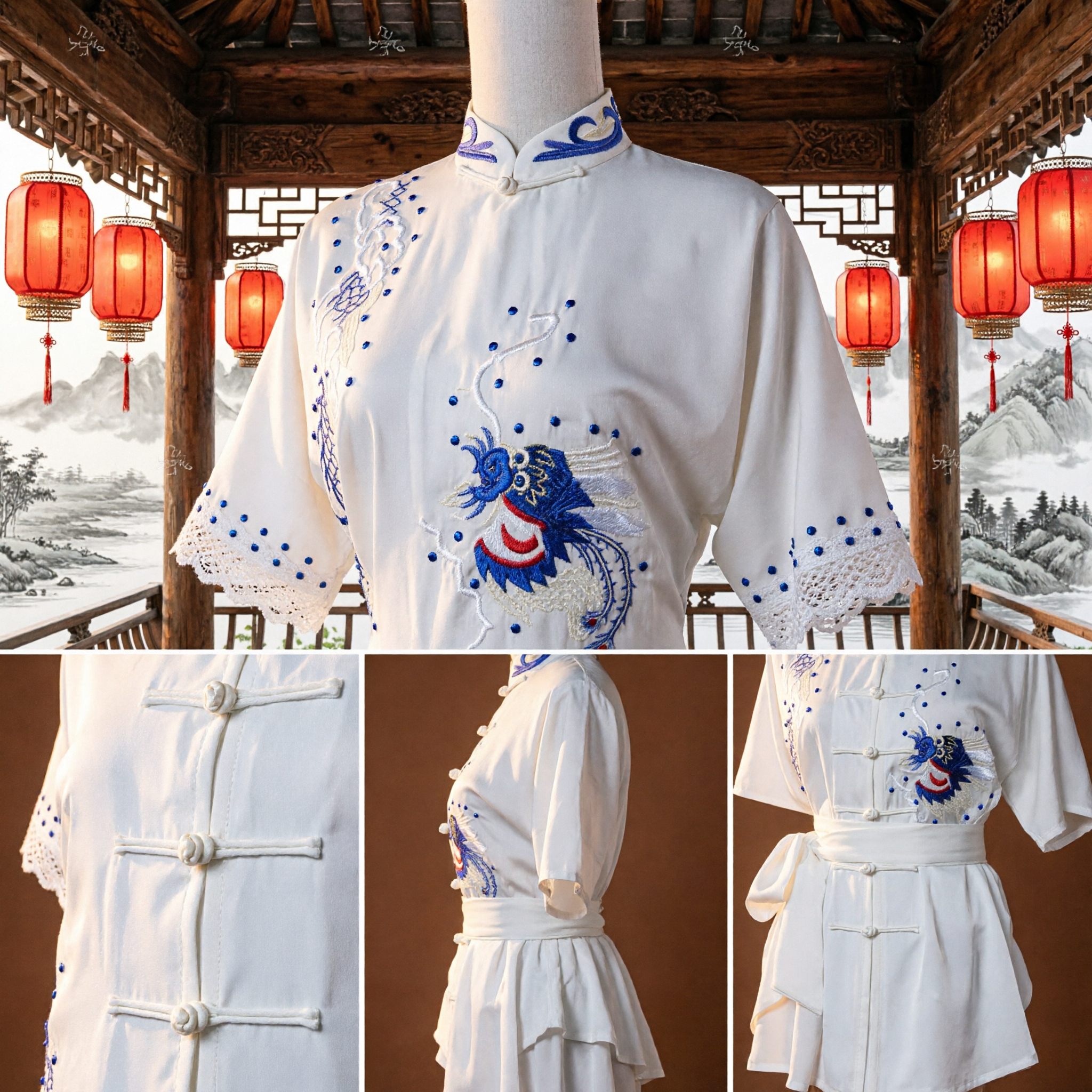 White Traditional Chinese Kung Fu Uniform Blue Dragon Embroidery Tai Chi Martial Arts Costume for Men