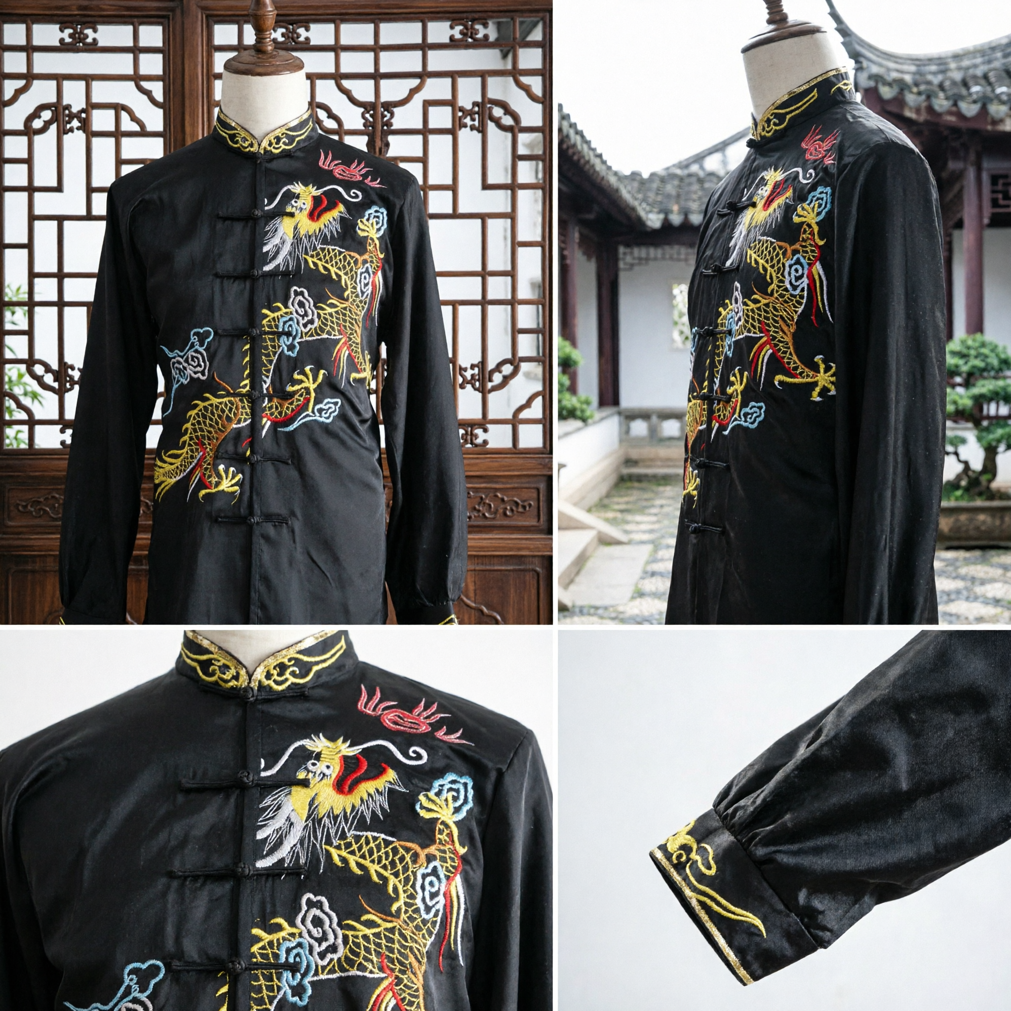 Men's Black Satin Kung Fu Uniform with Gold Dragon Embroidery Traditional Chinese Tang Suit for Tai Chi Practice