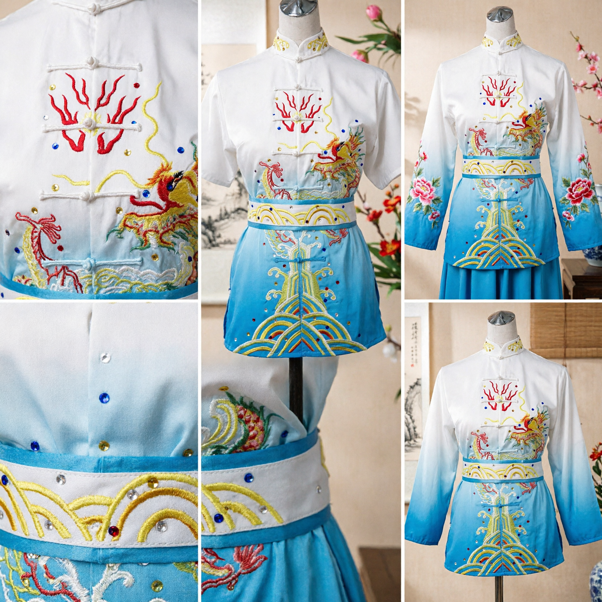 Traditional Chinese Kung Fu Uniform Dragon Embroidery Tai Chi Suit White Blue Gradient Martial Arts Costume Set