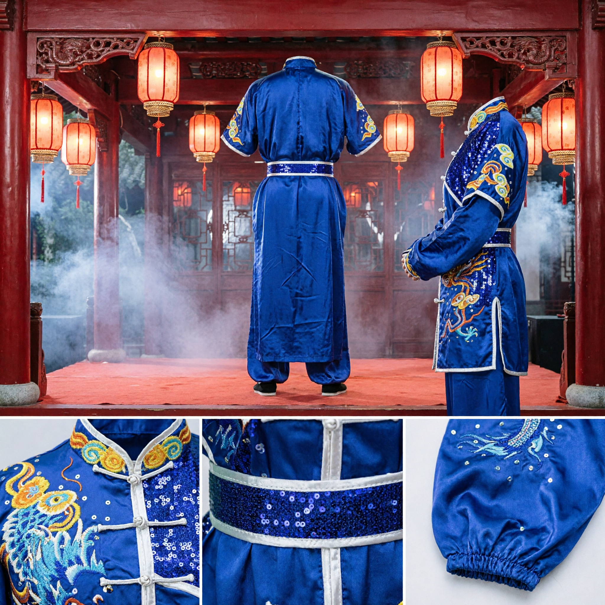 Men's Blue Dragon Embroidery Kung Fu Uniform Traditional Chinese Wushu Satin Performance Costume Set